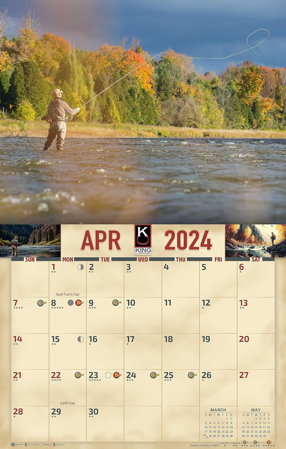 Calendario de pared de pesca con mosca 2024, 16 meses, tamaño XL, 14 x 22 pulgadas, el mejor calendario de pesca por The KING Company-Monster
