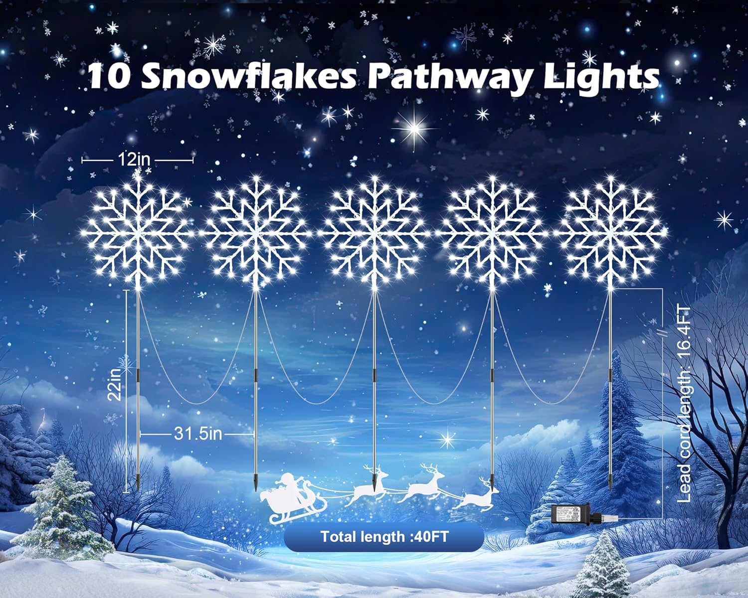 Luces de copo de nieve para exteriores, 10 luces grandes de copo de nieve para camino, decoraciones de Navidad al aire libre, patio, acera,