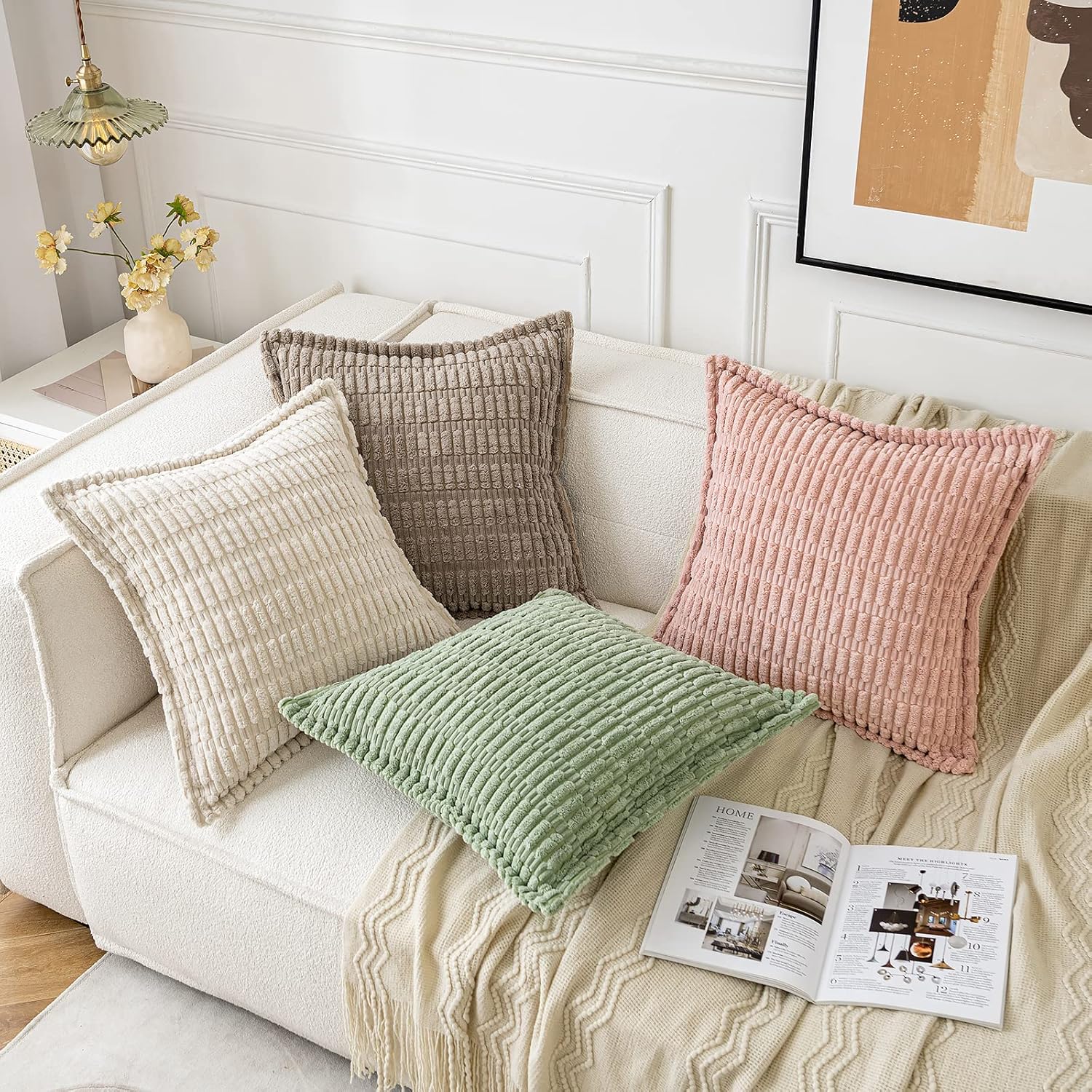 MIULEE Juego de 2 fundas de almohada decorativas de pana verde salvia, fundas de almohada suaves a rayas con borde ancho, decoración bohemia moderna