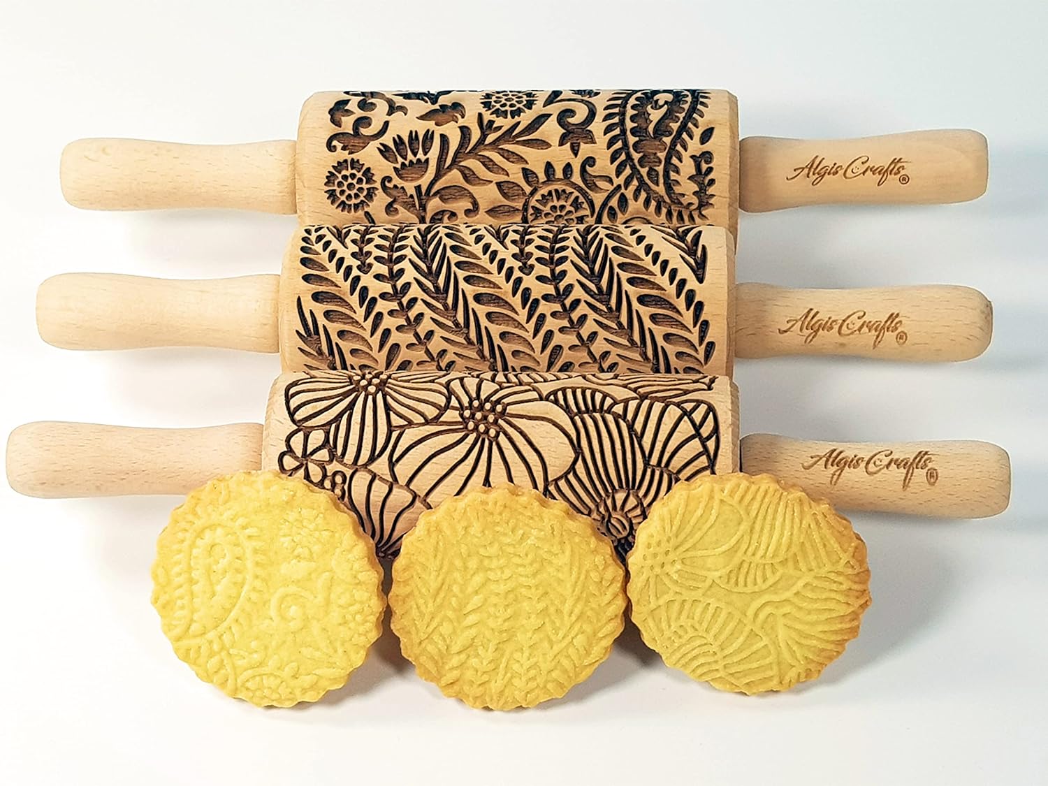 FLORAL 3 Small Textured Rolling Pinset. Wooden laser engraved embossing dough roller for embossed cookies gift for Birthday, Easter by Algis Crafts