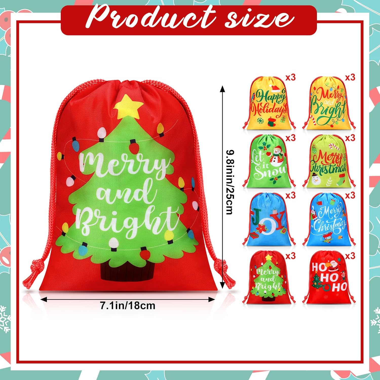 Xuniea 24 bolsas de Navidad con cordón de 10 x 7 pulgadas, bolsas reutilizables de regalo de Feliz Navidad, pequeñas bolsas de envoltura para