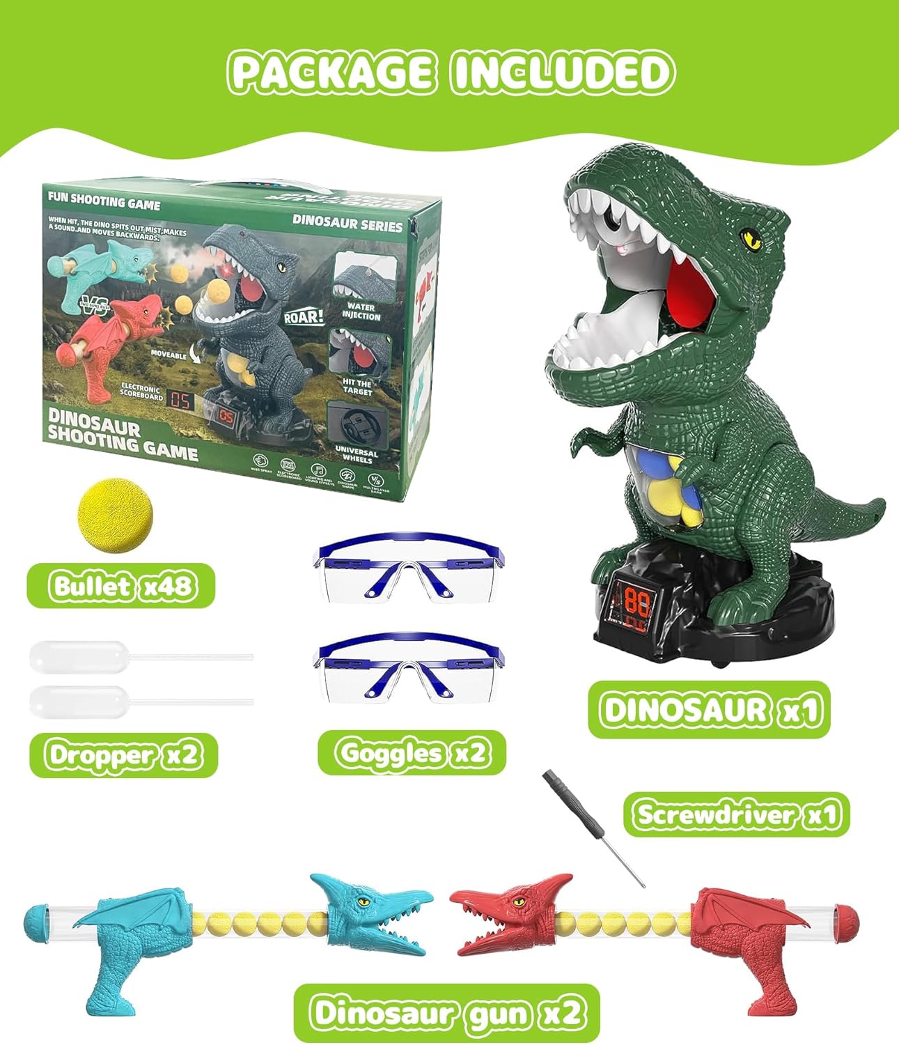 Protado Juguete de disparo de dinosaurios para niños y niñas, juegos de disparo de objetivos móviles con 2 lanzadores de bomba de aire, 48 bolas de