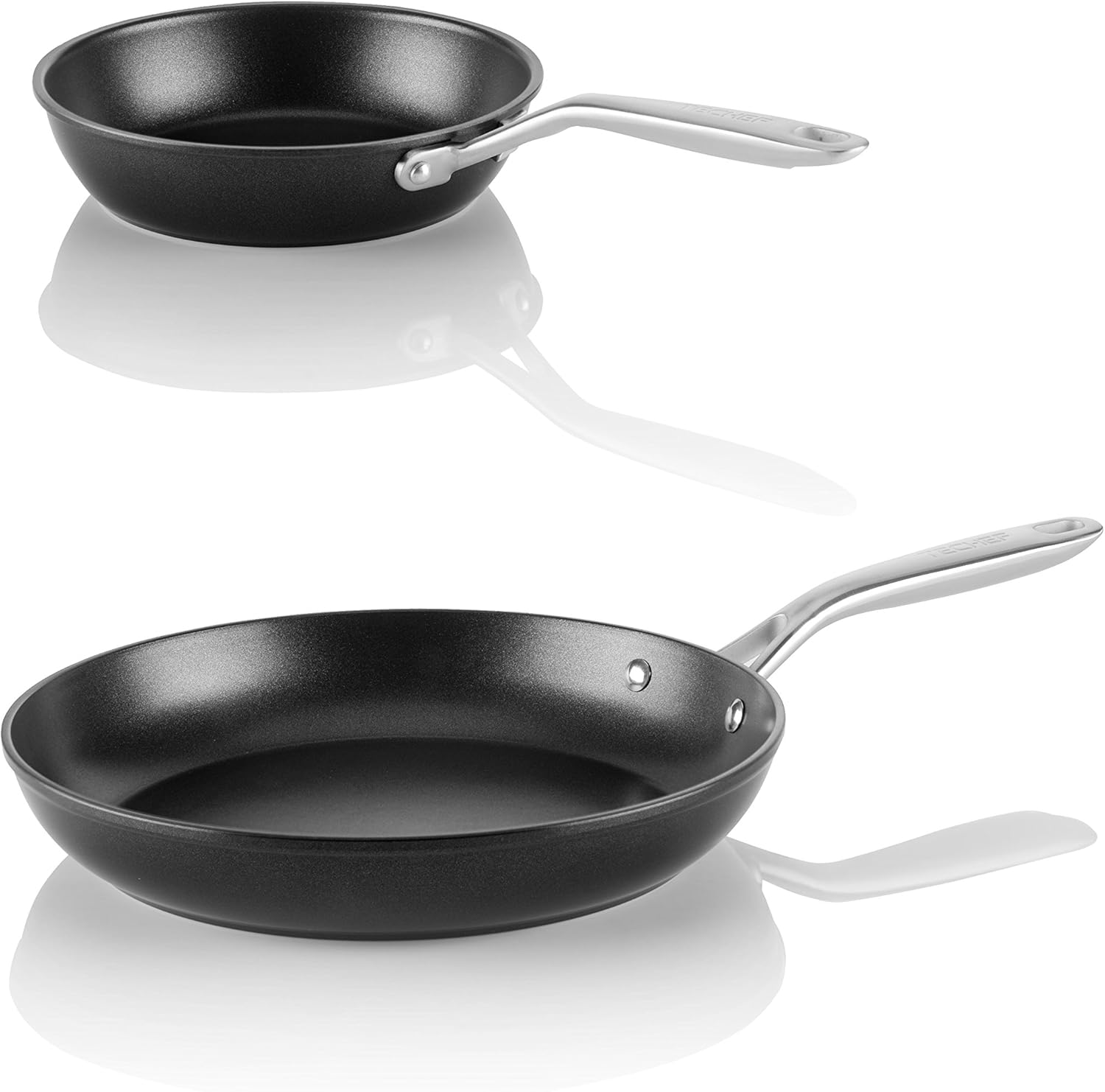 TECHEF – Onyx Collection – Juego de sartenes antiadherentes, sin PFOA, aptas para horno, mango de acero inoxidable que se mantiene fresco, listo