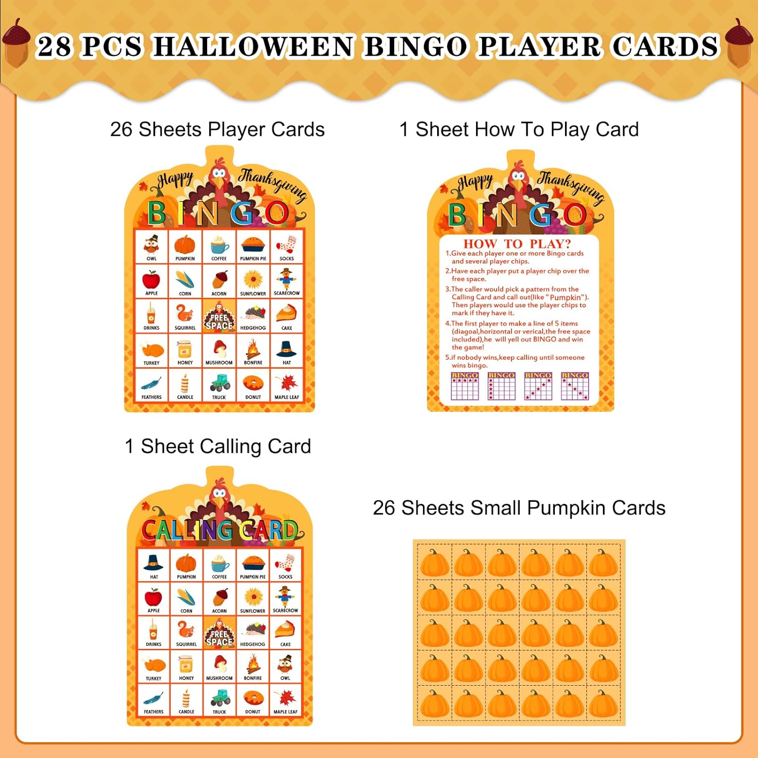 PETCEE Juego de bingo de Acción de Gracias para niños y adultos, 26 jugadores, tarjetas de bingo de Acción de Gracias, juego de bingo de otoño para