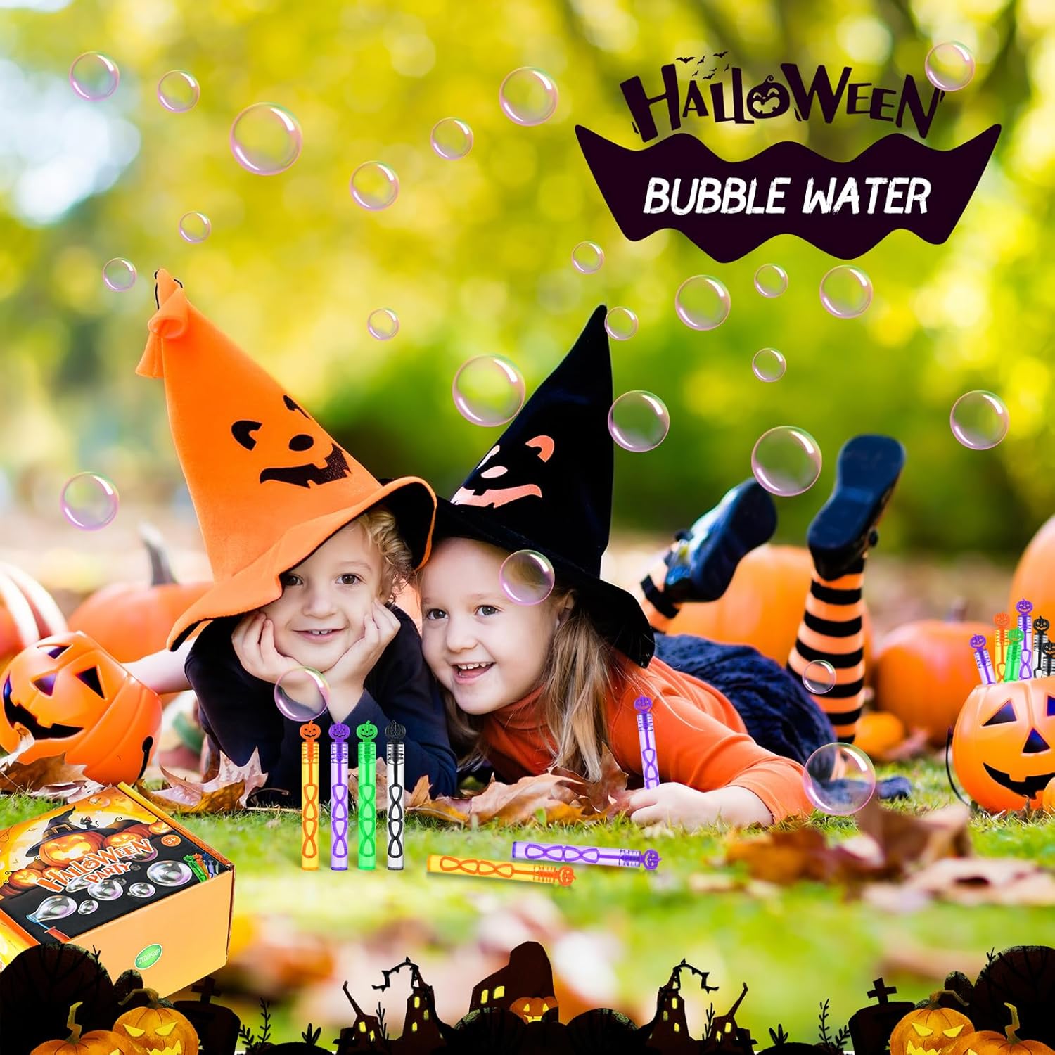 Paquete de 60 varitas de burbujas de Halloween, mini juguetes de burbujas para recuerdos de fiesta de Halloween, suministros novedosos, juguetes de