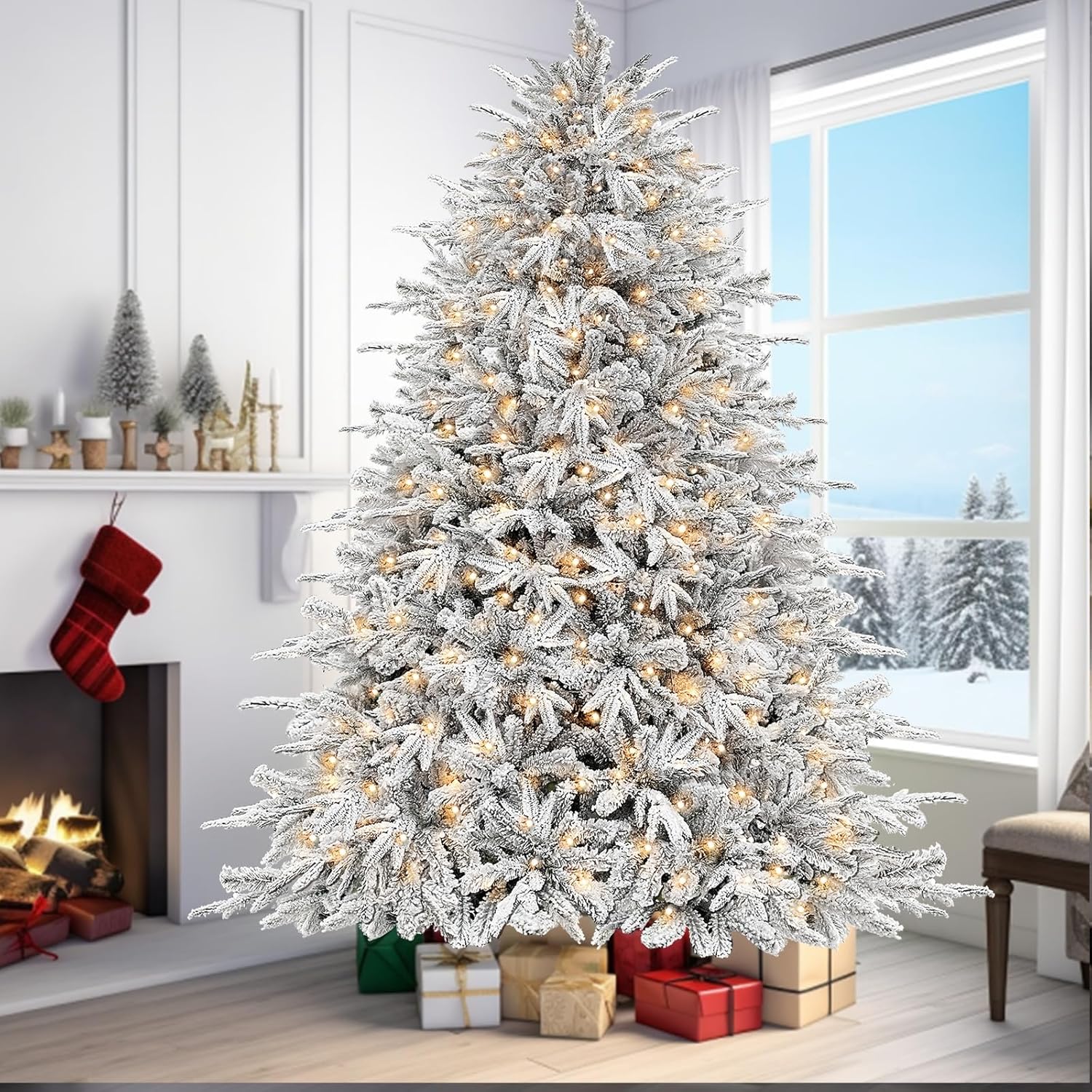 Tacto muy grueso y realista Árbol de Navidad artificial lleno de nieve preiluminado de 6 pies, 965 puntas de ramas de polietileno y PVC, 340 luces