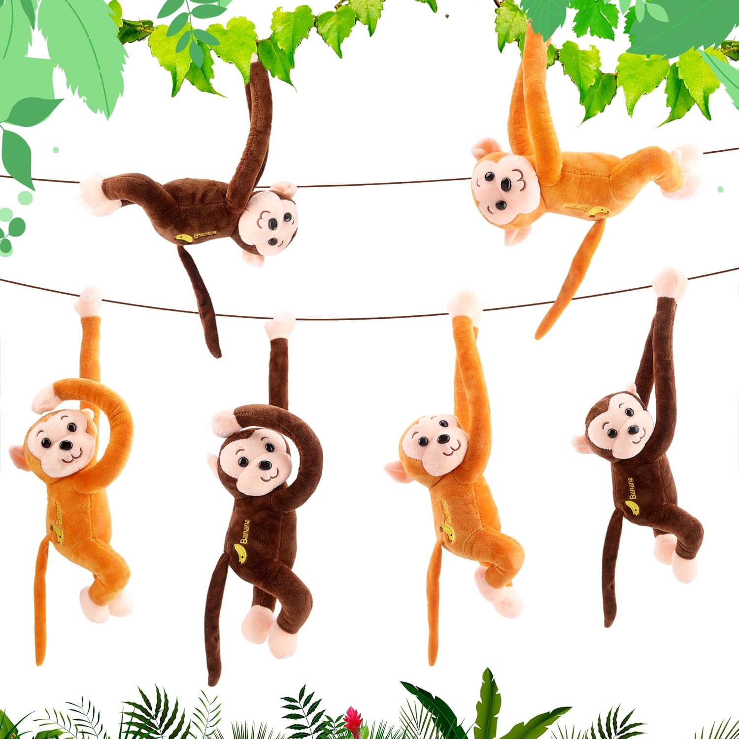 Paquete de 6 juguetes de peluche de mono colgante de 18 pulgadas, lindo mono de peluche suave para colgar, juguetes de peluche realistas para