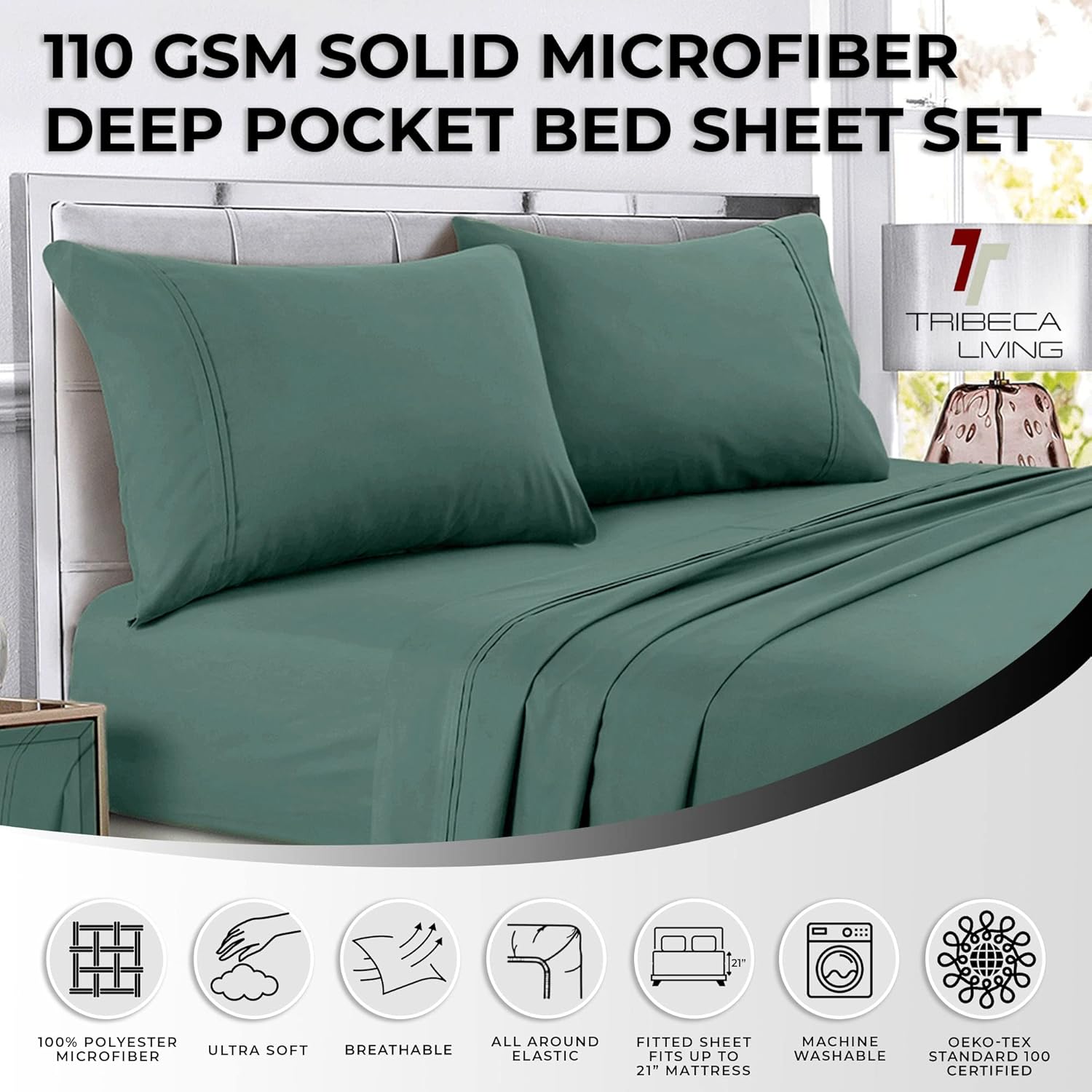 Tribeca Living Juego de sábanas de microfibra de 110 GSM con bolsillo profundo Cal King Atlantic