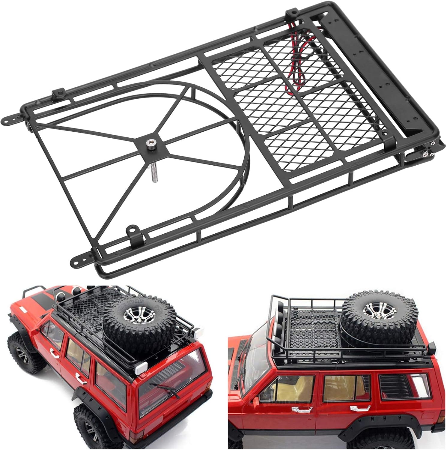 VGEBY Portaequipajes RC, portaequipajes de techo de metal para coche de escalada RC con estante para neumáticos de repuesto, 10 barras de luz LED,