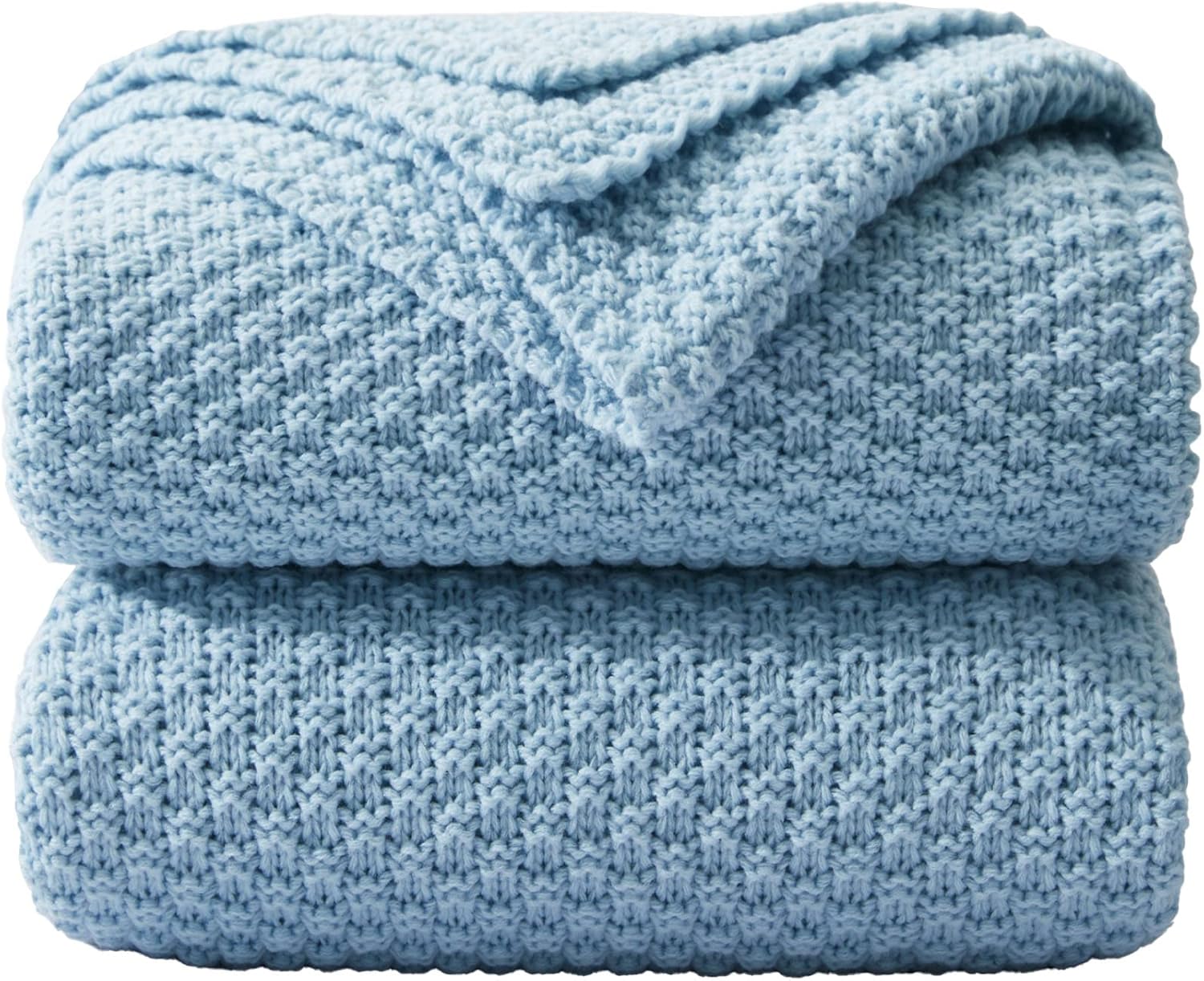 Dreamhood Manta de punto para sofá y sillón, mantas de color azul cielo para verano, mantas tejidas suaves y ligeras para todas las estaciones, 50 x