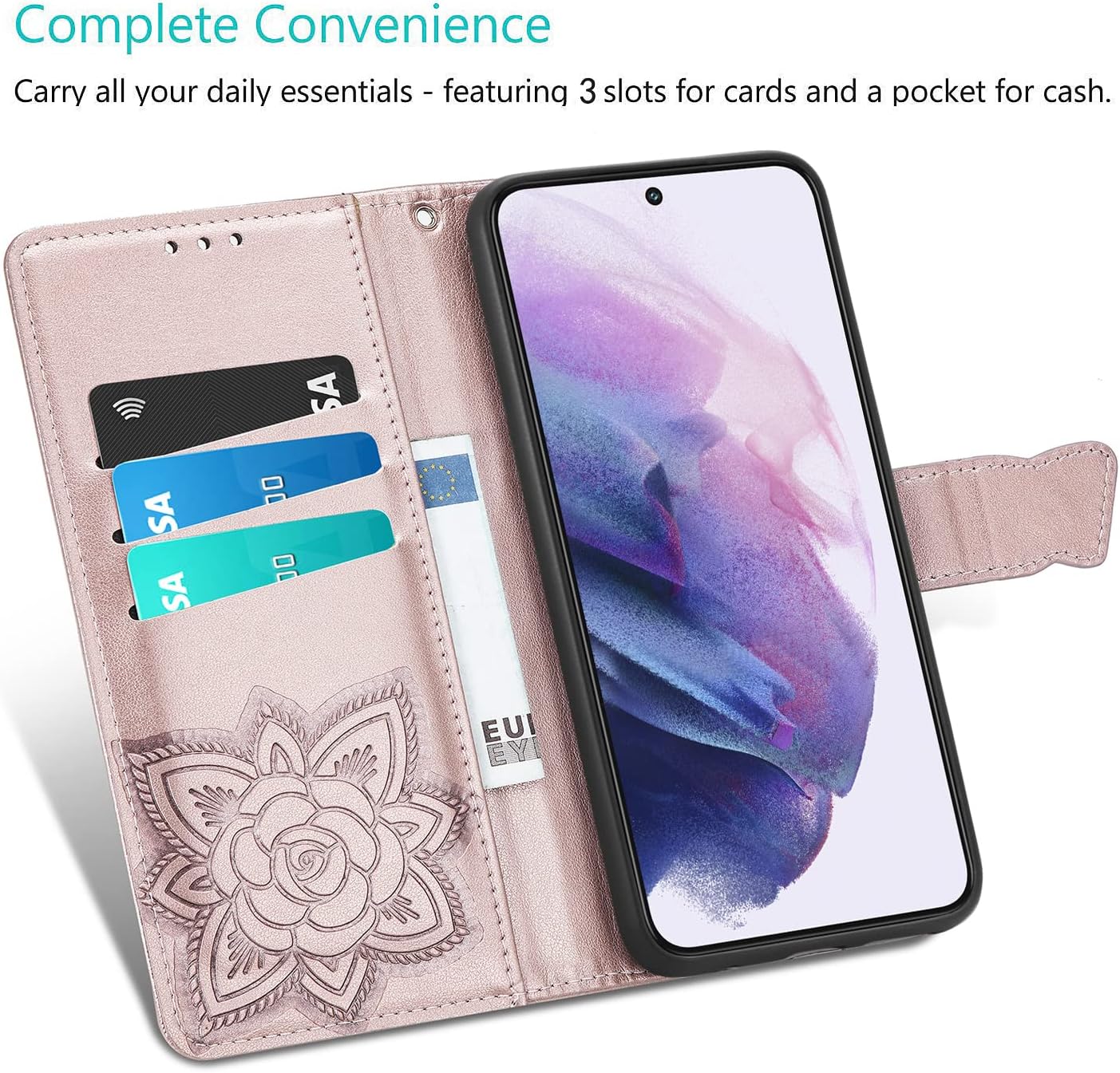 Galaxy S22 5G Wallet Case, Butterfly & Flower Embossed PU Leather Wallet Case Flip Protective Phone Cover with Card Slots and Kickstand for Samsung