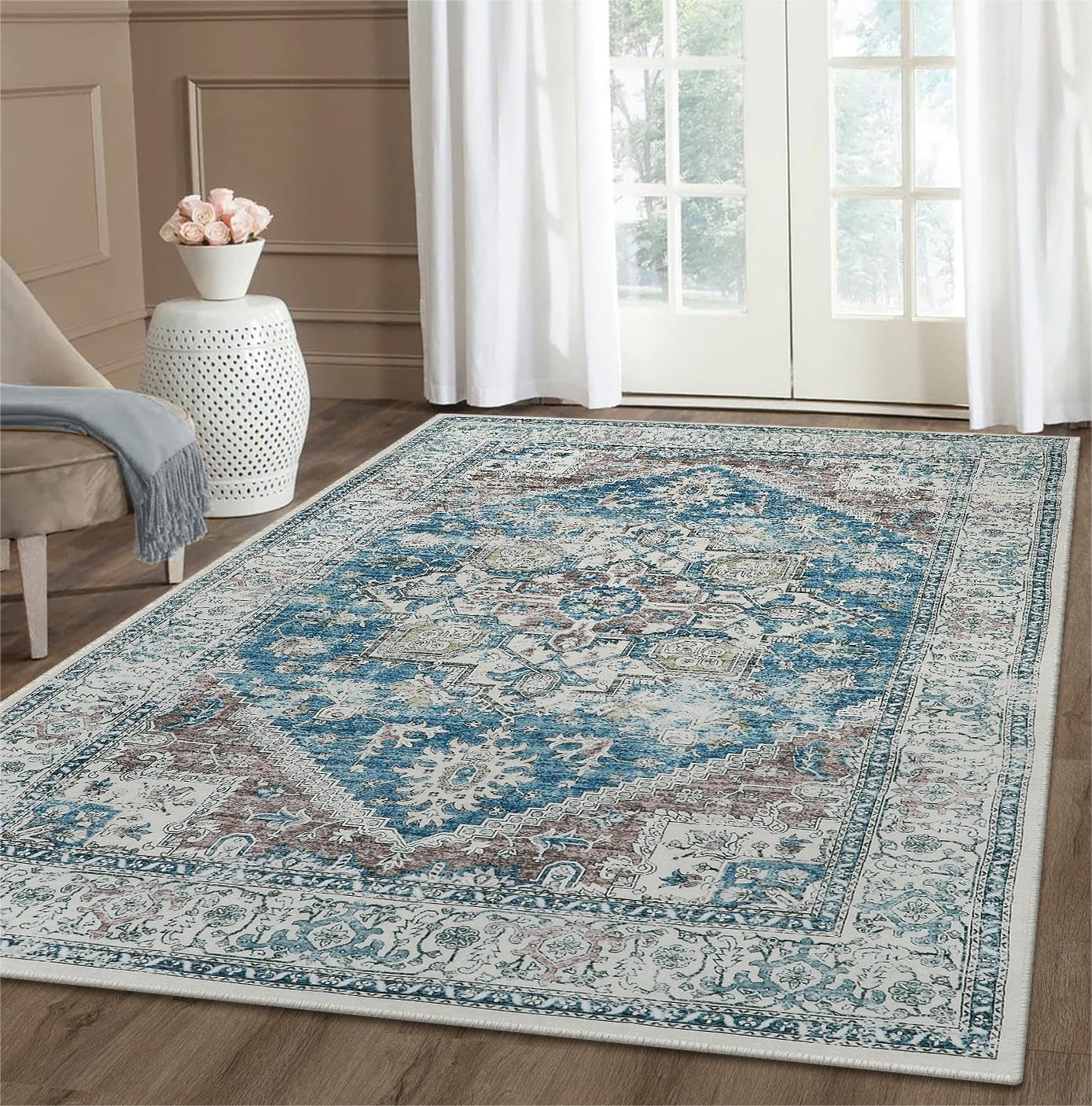 LIVEBOX Alfombra lavable de 5 x 8 pies, alfombra bohemia grande para sala de estar, alfombra vintage antideslizante para interiores, para