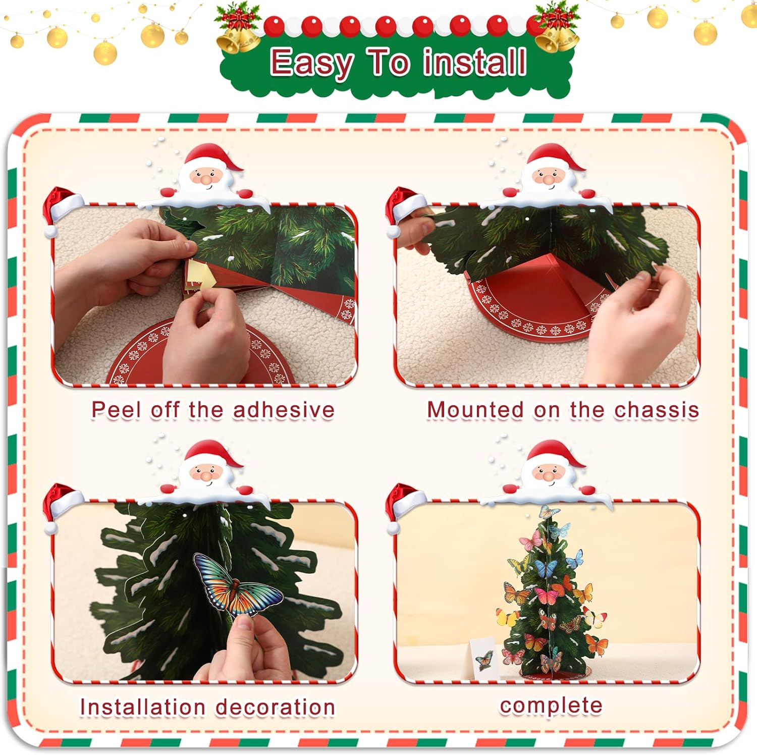 Árbol de Navidad plegable desplegable de 19.7 pulgadas, decoración del hogar, con mariposa, decoración de Navidad, tarjetas, sobres, para decoración