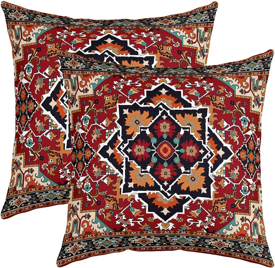 Juego de 2 fundas de almohada con diseño floral tribal de 20 x 20 pulgadas, fundas de almohada geométricas de flores rojas, verde azulado y verde,