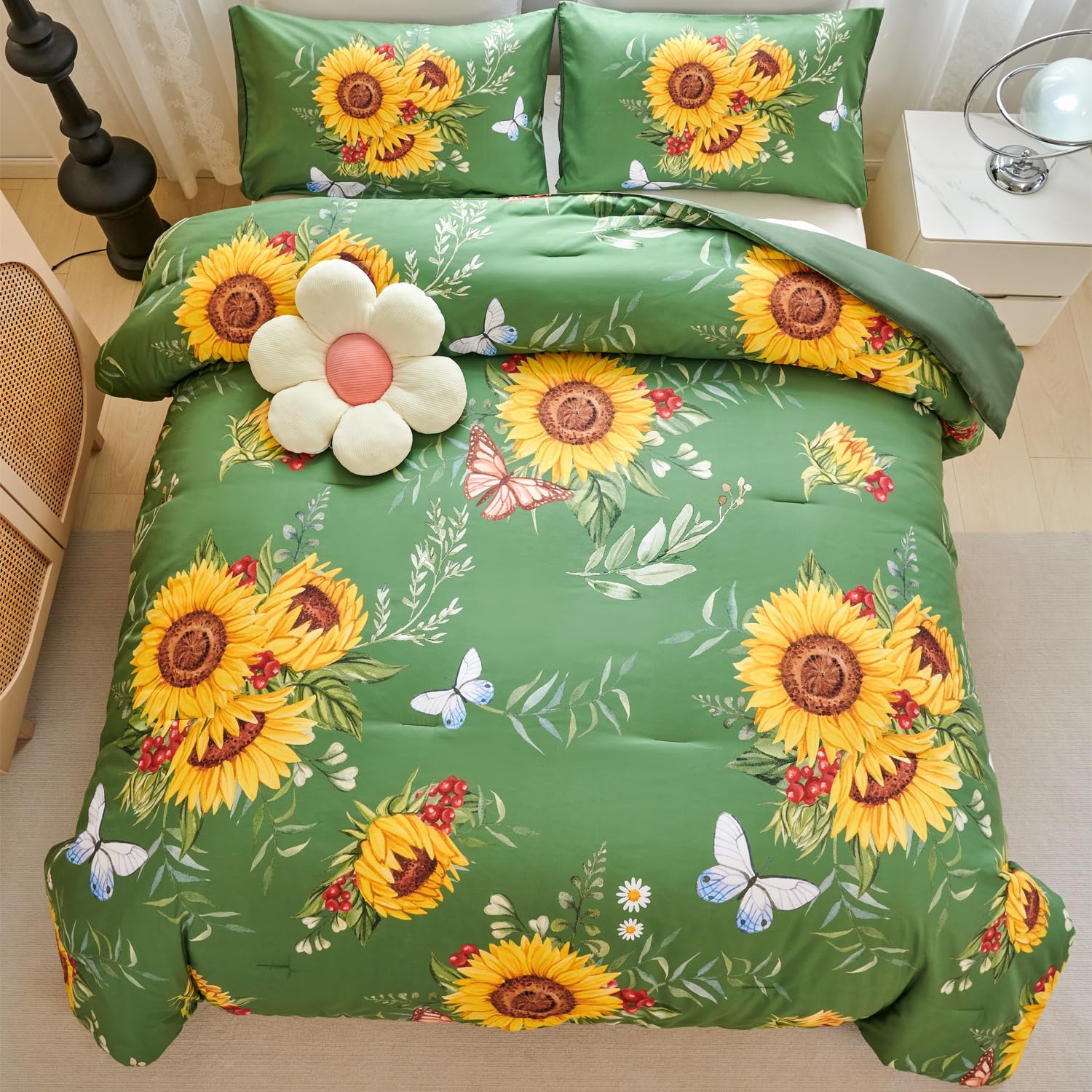 Juego de edredón verde de girasol, juego de ropa de cama de 3 piezas con flores amarillas con plumón alternativo de mariposa, juego de edredón