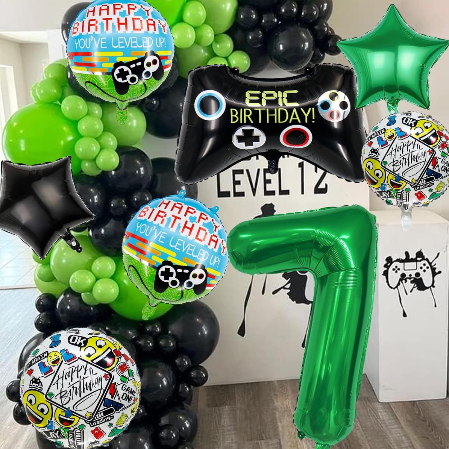 Los globos de fiesta de videojuegos incluyen globos de cumpleaños con controlador de juego, globo verde de aluminio del número 7, globos redondos
