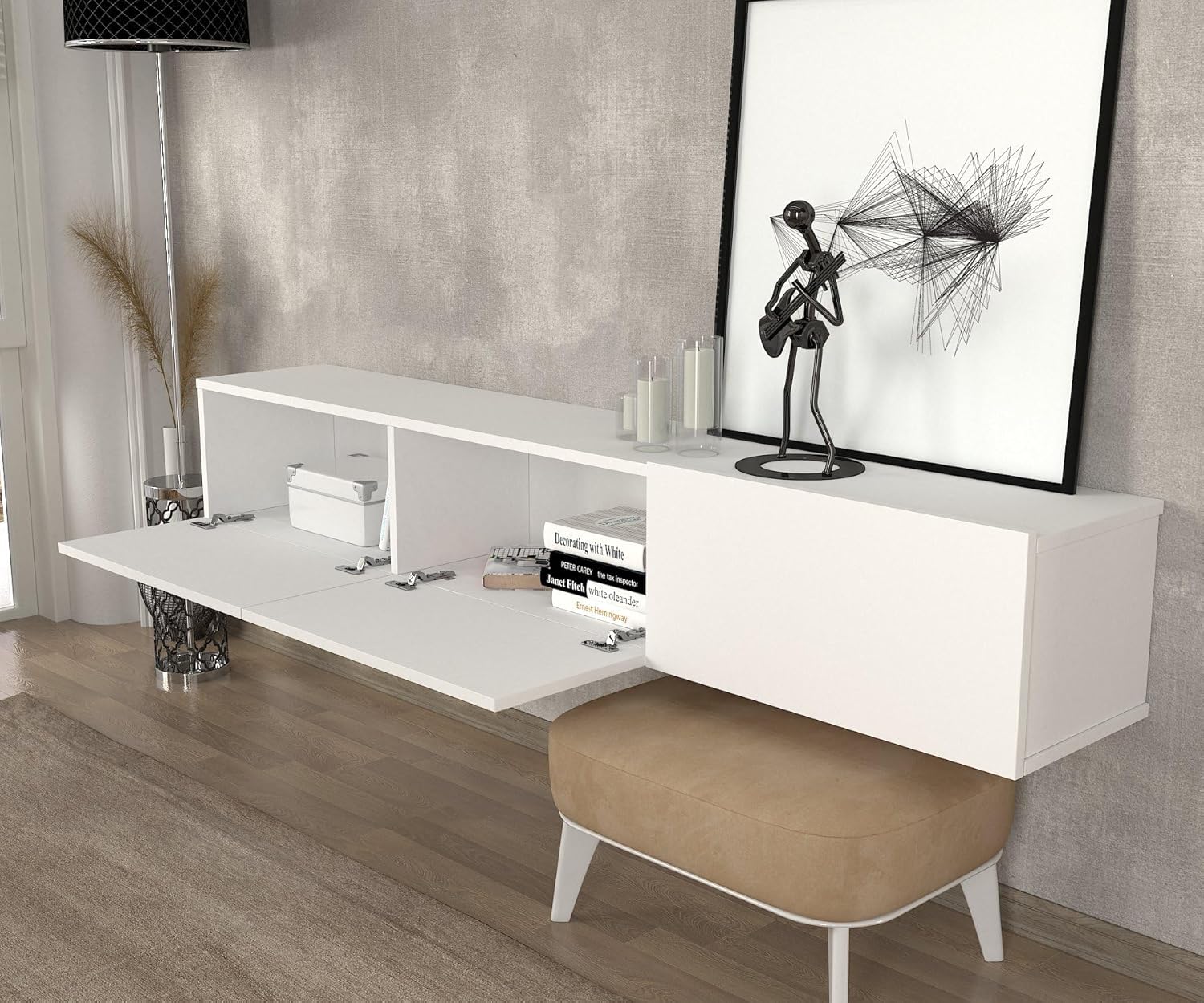 DORPEK Picasso – Soporte de TV flotante para televisores de hasta 78 pulgadas, armario de TV montado en la pared con 2 cajones, mueble de pared para