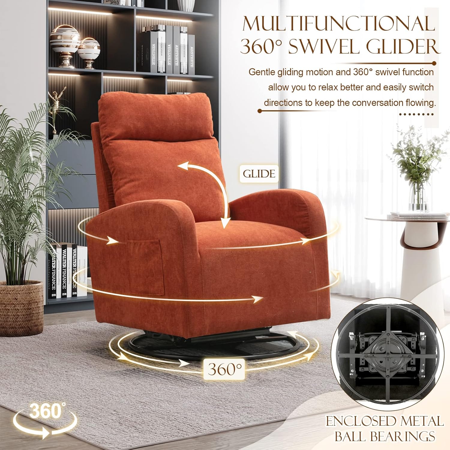 KINFFICT Silla giratoria moderna, mecedora tapizada para el cuarto del bebé, cómoda silla mecedora con respaldo alto con bolsillo lateral y