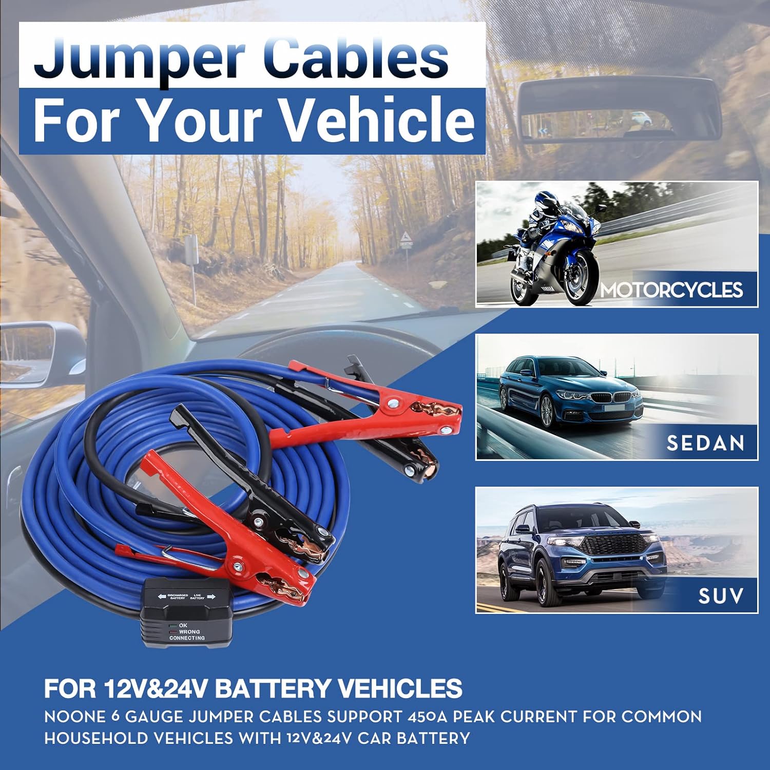 Kit de cables de puente con protector inteligente para automóvil, calibre 6, cable de refuerzo de 16 pies para coche, SUV y camiones batería con