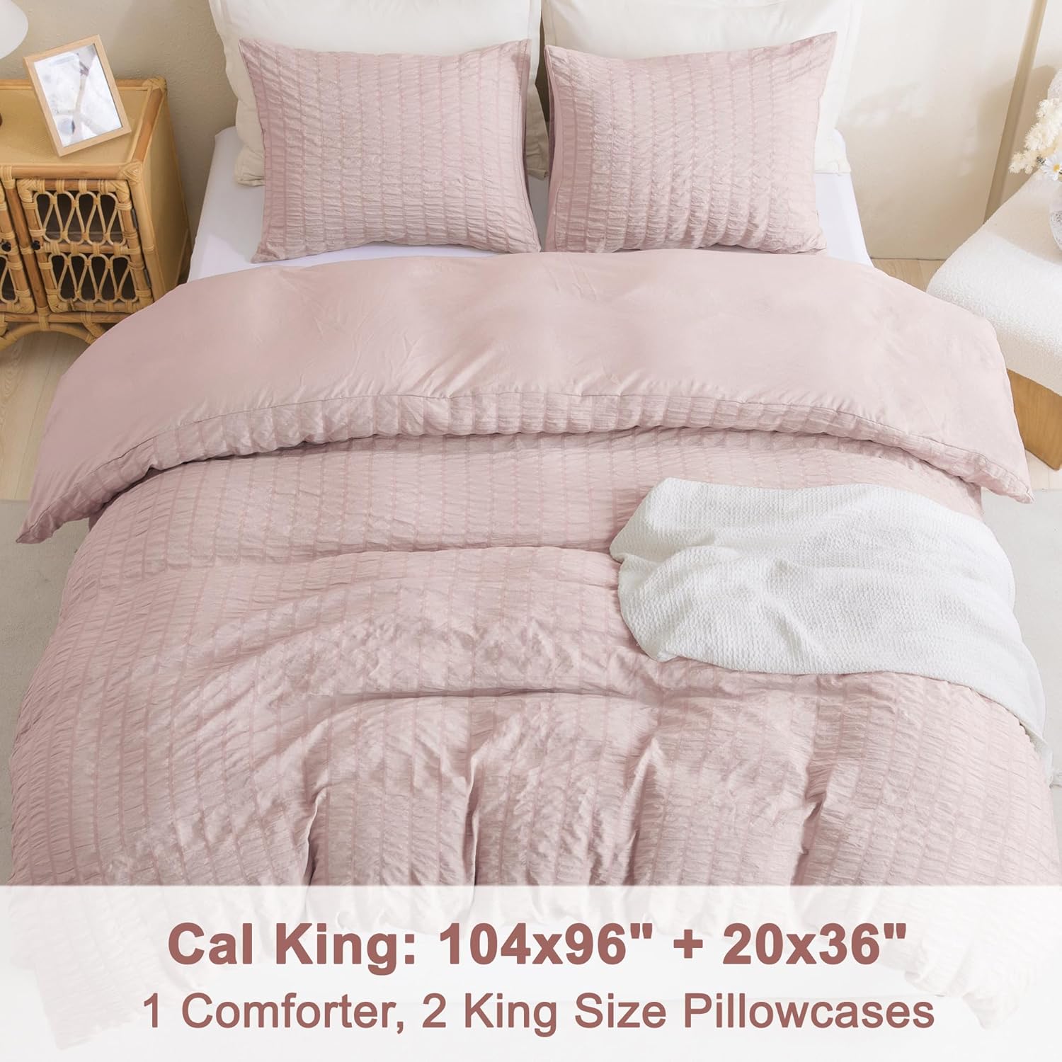 Litanika Juego de edredón tamaño California King de 3 piezas de color rosa rubor, juego de edredón ligero de sirsaca de verano, juego de cama