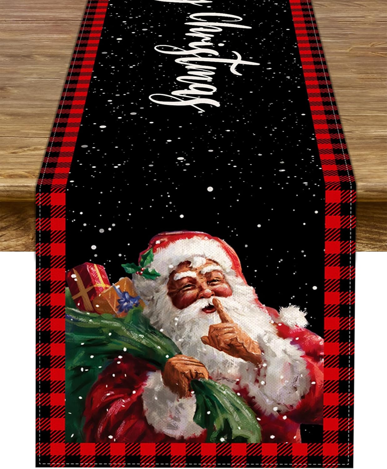 Camino de mesa de Navidad afroamericano, Papá Noel, invierno, fiesta, cocina, chimenea, comedor, decoración del hogar