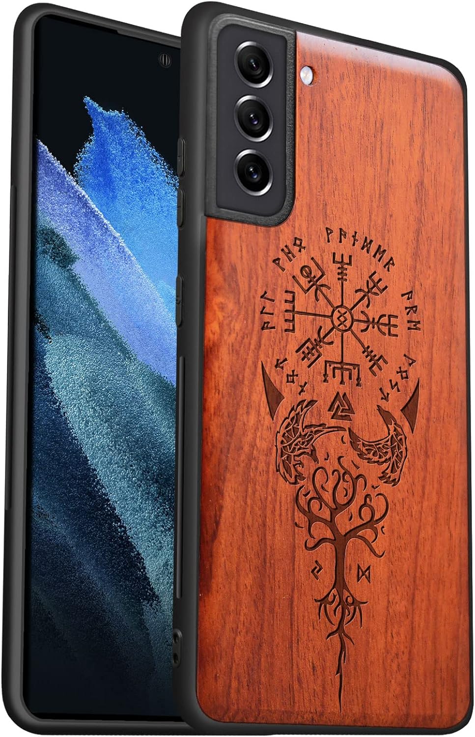 Carveit Funda de madera para Galaxy S21 FE madera real dura y TPU suave a prueba de golpes, funda protectora única y elegante de madera compatible