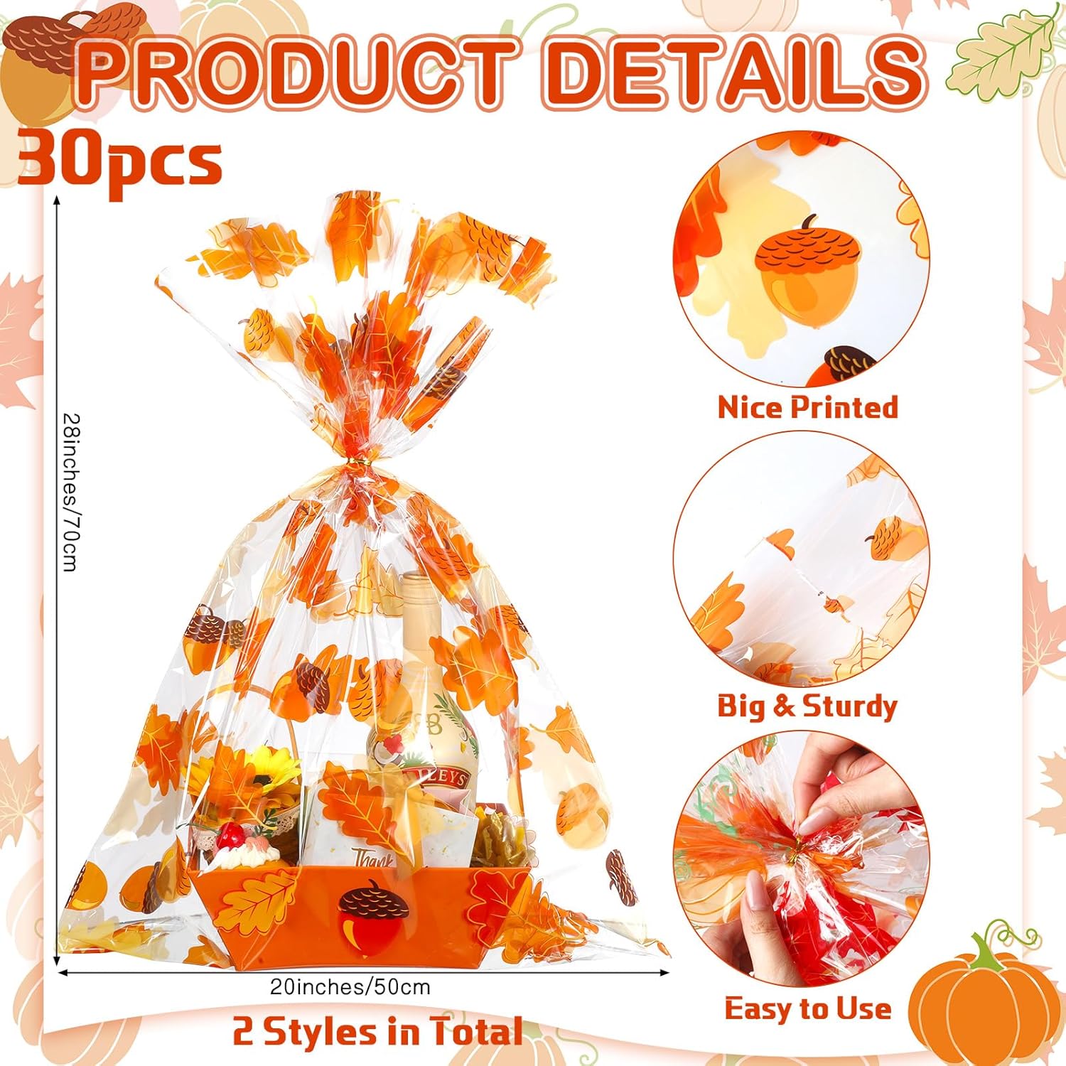 30 bolsas grandes de celofán para regalo de Acción de Gracias, bolsas de regalo de otoño de 19.7 x 27.6 pulgadas, bolsas de regalo de plástico para