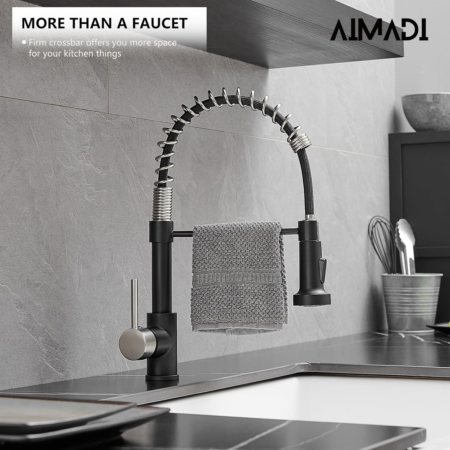 Grifo negro de cocina AIMADI,Grifo de fregadero de cocina con rociador,Grifo de cocina moderno de una sola manija de un solo agujero negro mate