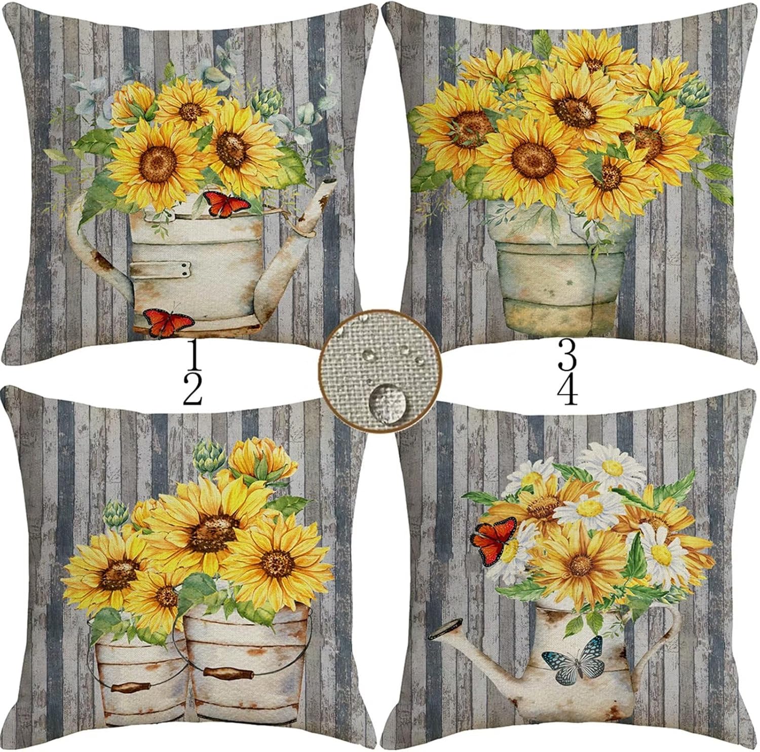 Juego de 4 fundas de almohada impermeables para exteriores, fundas de almohada de otoño de 14 x 14 pulgadas, decoración de granja, fundas