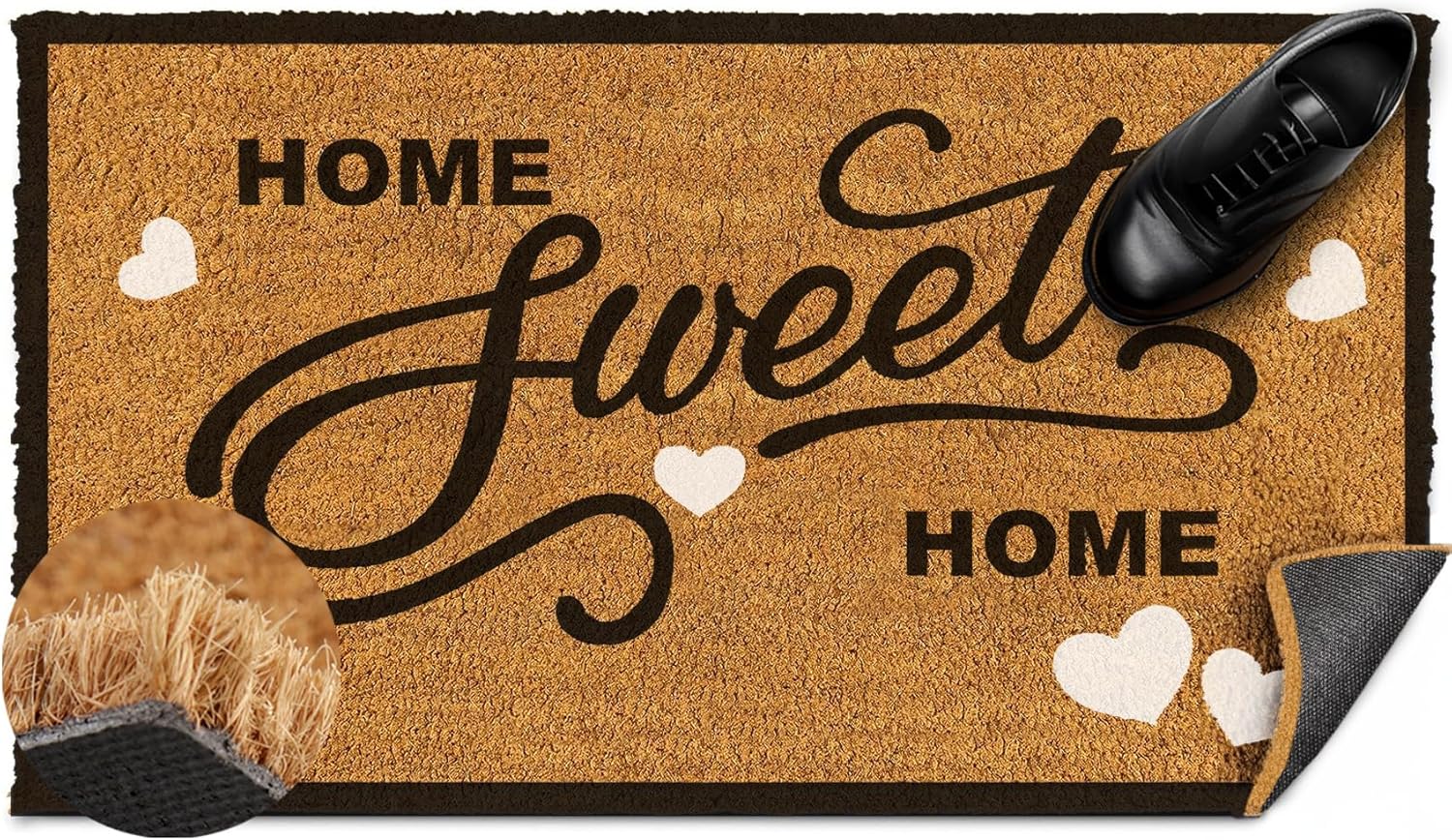Home Sweet Home – Tapete grueso de fibra de coco resistente para exterioresinteriores con respaldo de PVC antideslizante, tapete de entrada de 18 x