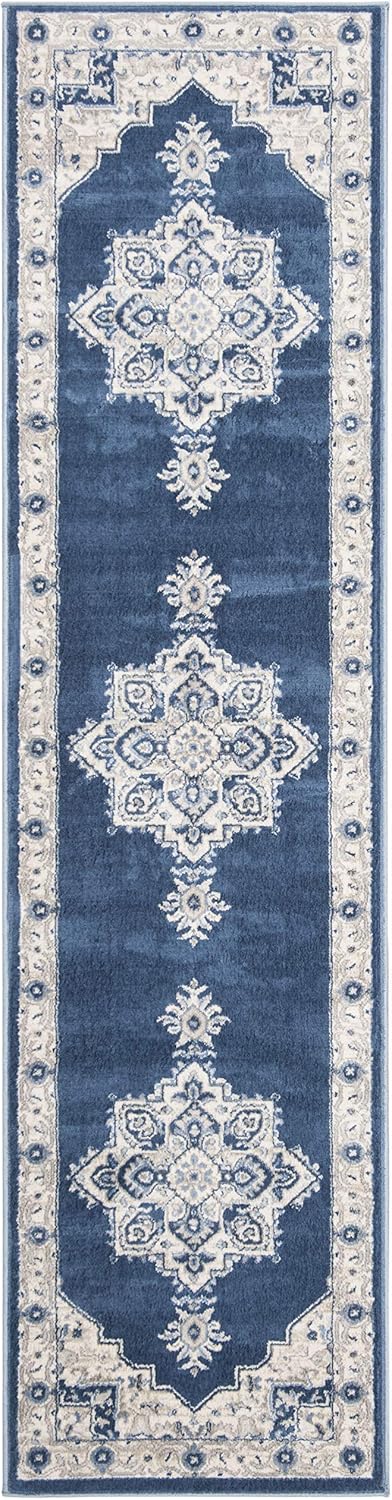 SAFAVIEH Brentwood Collection BNT865N – Camino para sala de estar, dormitorio, no desprende pelusa, 2 pies x 16 pies, color azul marino y crema