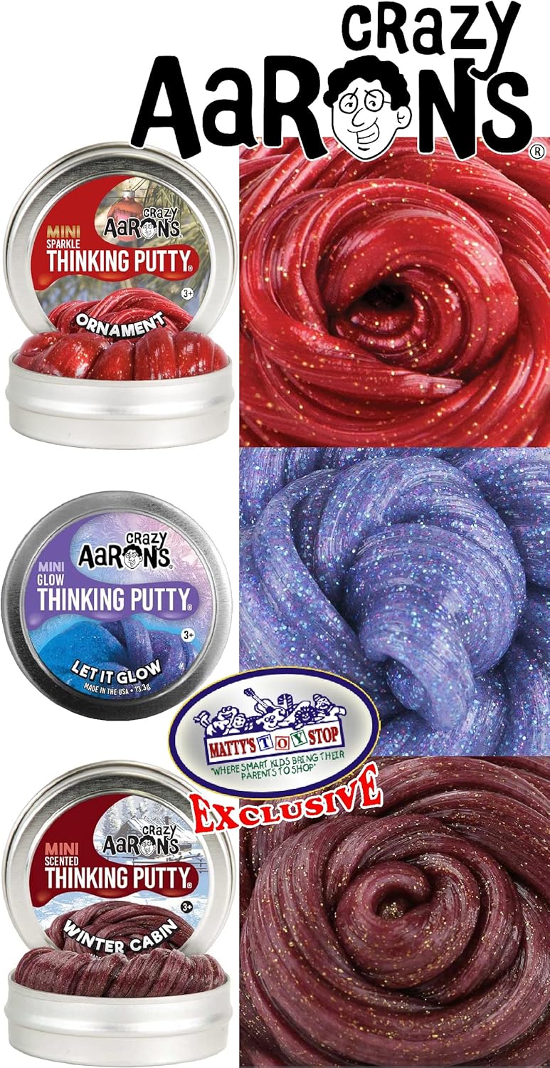Crazy Aaron’s Putty Mini Tins Holiday (Navidad) Juego de trío con cabina de invierno, adorno y Let it Glow – Paquete de 3 (0.47 onzas cada uno)