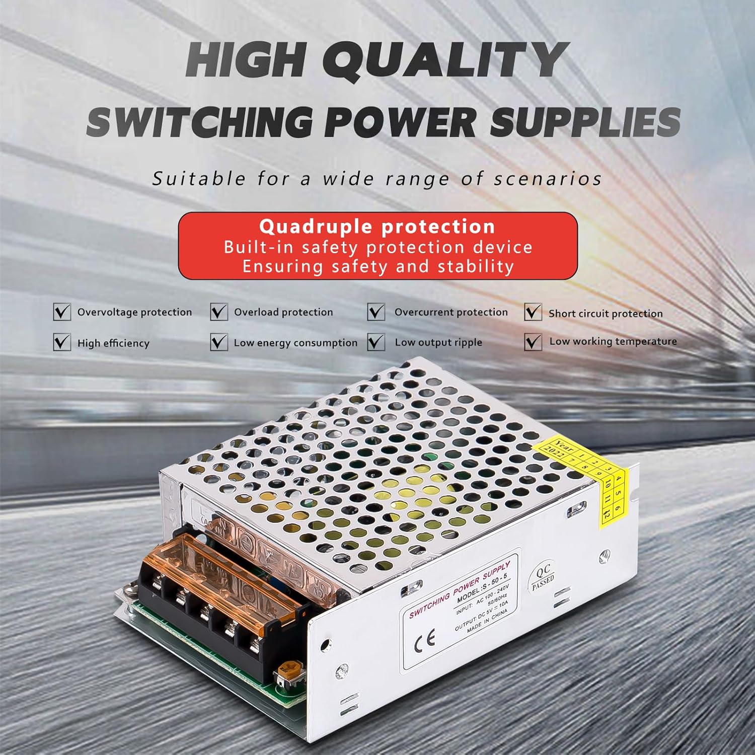 Fuente de alimentación conmutada de 5V 10A 50W DC AC 100V240V a DC-12V Adaptador de corriente, voltaje constante del transformador, adecuado para