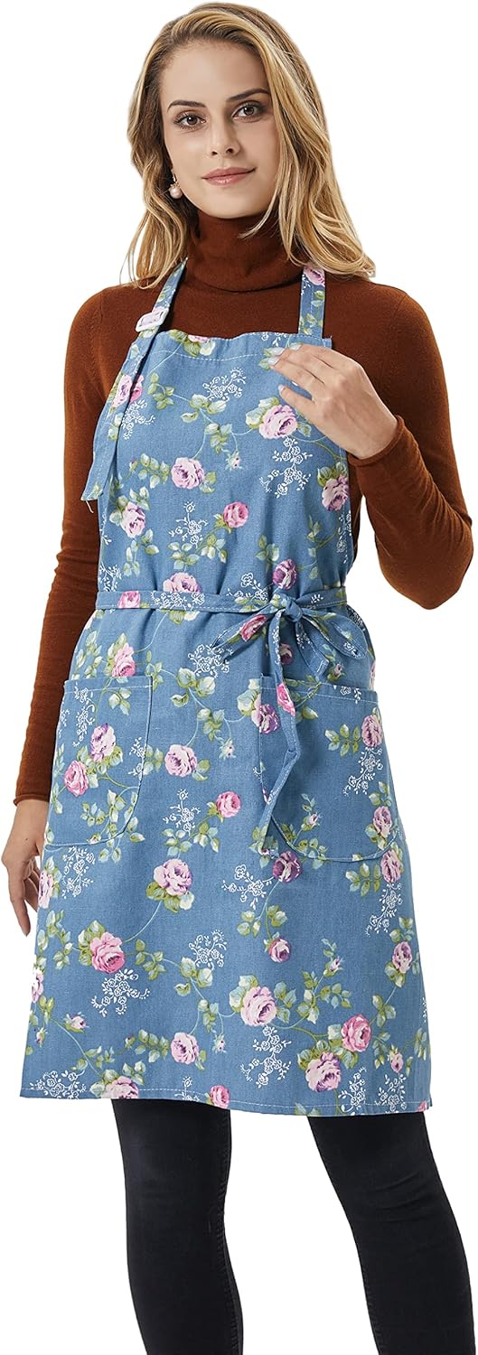 APRONNER Delantales de lino de algodón para mujer con bolsillos, lazos largos ajustables para cocinar, hornear, estilo vintage