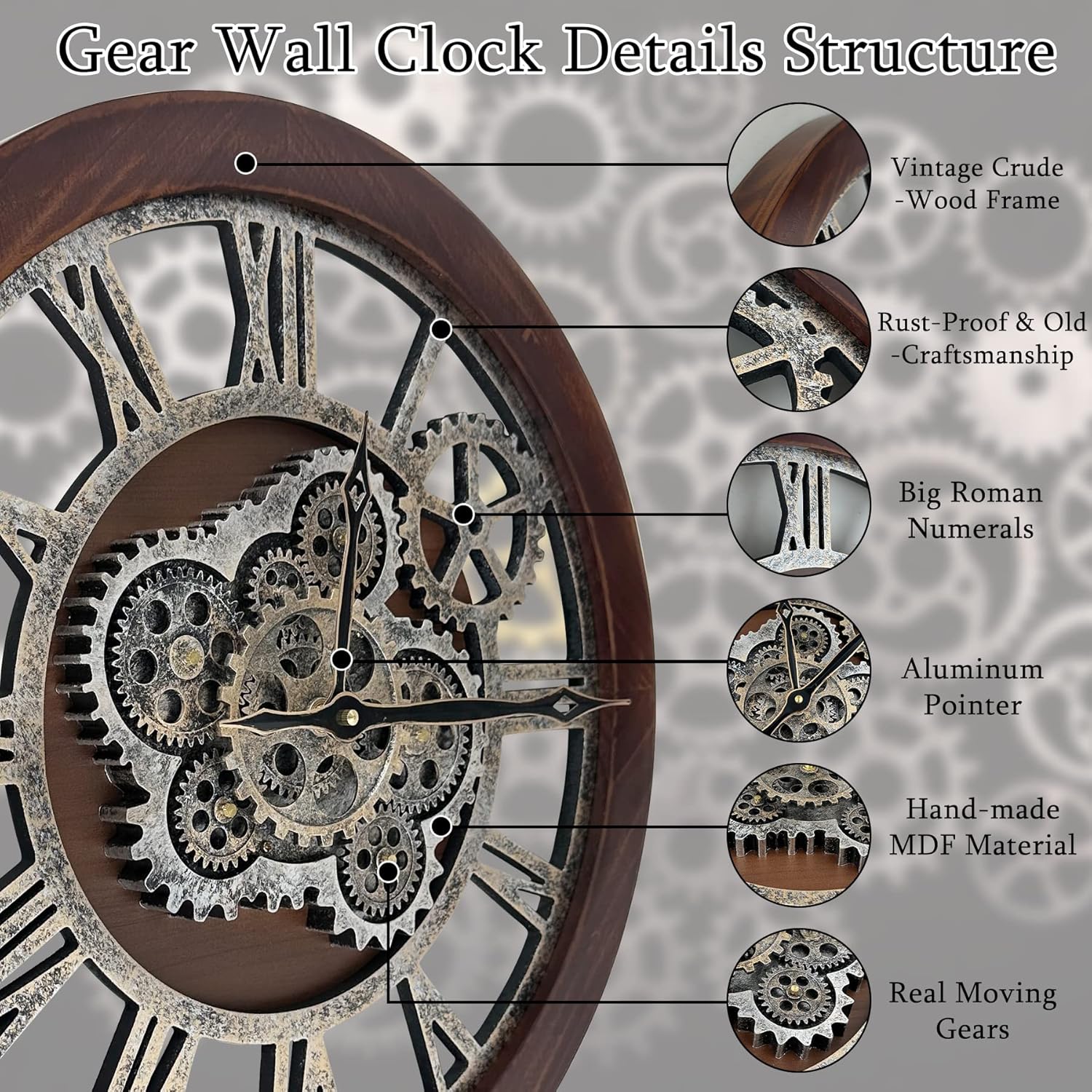 HOIBAI Reloj de pared, relojes para decoración de sala de estar, 20 pulgadas, reloj de pared grande con engranajes móviles, estilo granja, vintage,