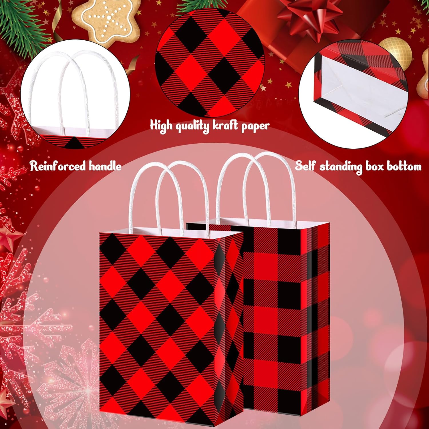 Zhanmai 120 bolsas de regalo de Navidad, color negro y rojo, bolsas de papel kraft de búfalo a cuadros, bolsa de papel kraft de Navidad, bolsas de