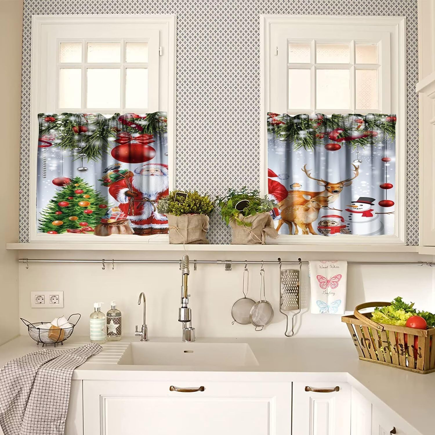 Cortinas de cocina de 3 piezas con diseño de Papá Noel, muñeco de nieve, árbol de Navidad, copo de nieve, invierno, vacaciones, feliz año nuevo,