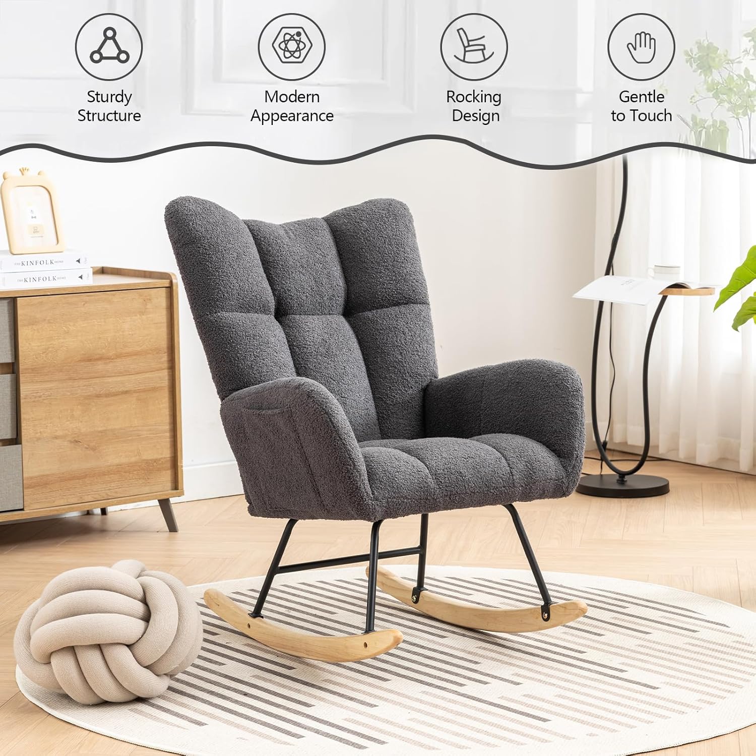 MATONELL Rocking Chair Nursery, Soft Teddy Velvet Fabric Rocking Chair for Nursery, Comfy Wingback Glider Rocker with Safe Solid Wood Base for