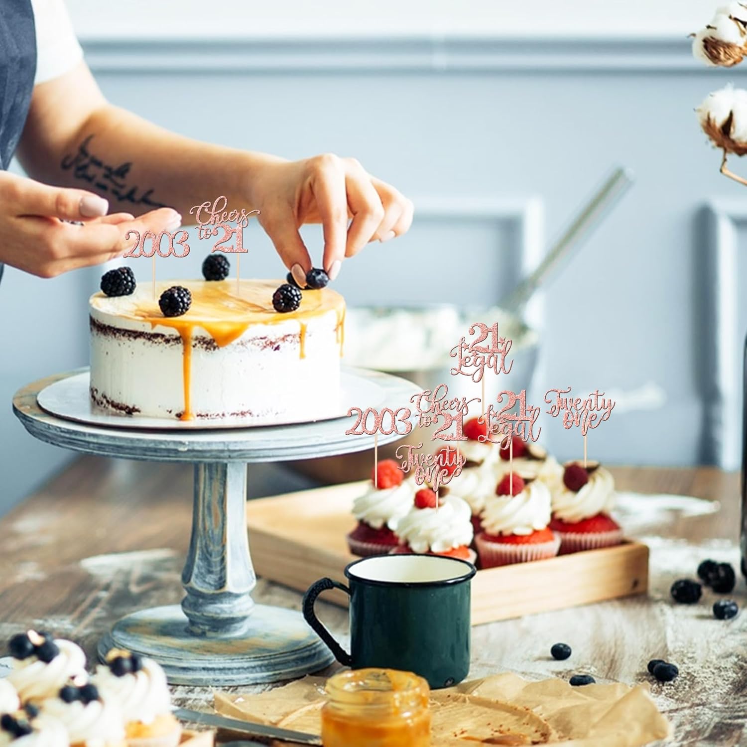 Paquete de 24 adornos para cupcakes de 21 cumpleaños con purpurina de veintiuno desde 2002, Hello 21 Years Birthday Cupcake Picks Cheers to 21 Cake
