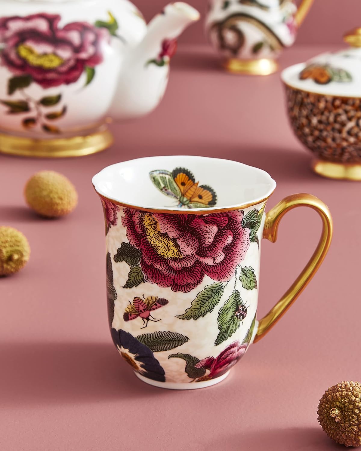 Spode Creatures of Curiosity Collection – Taza de café floral crema, 12 onzas, borde dorado y asa, hecha de porcelana fina, tazas para café, taza de