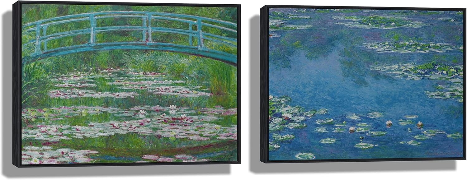 Simulación de impresión 3D textura pintada a mano sobre lienzo pintura Claude Monet Water Lilies The Japanese Footbridge Front Load Frame 13×18″