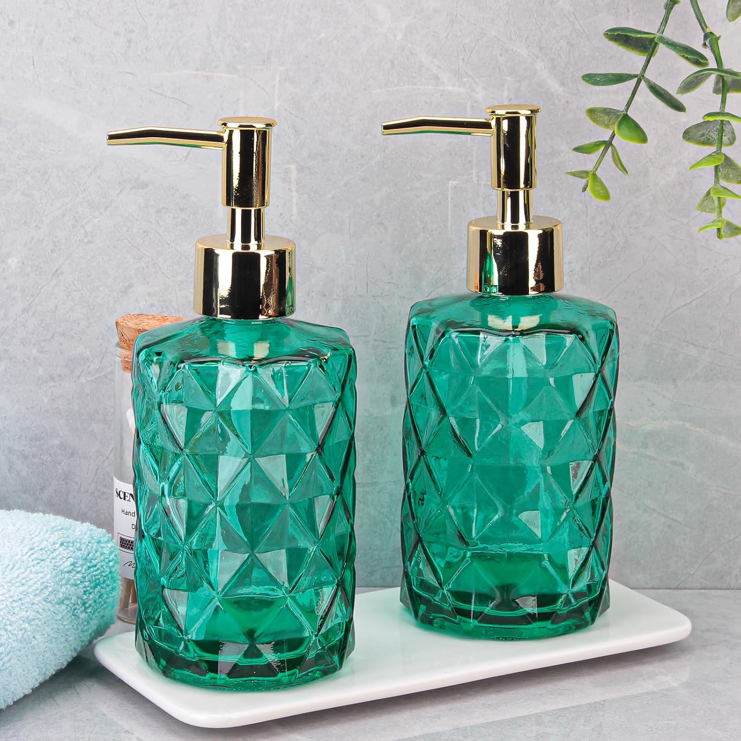 Dispensador de jabón con bomba, dispensador de jabón con patrón de diamante para encimera de cocina, baño, accesorios de baño rosa intenso (verde 2