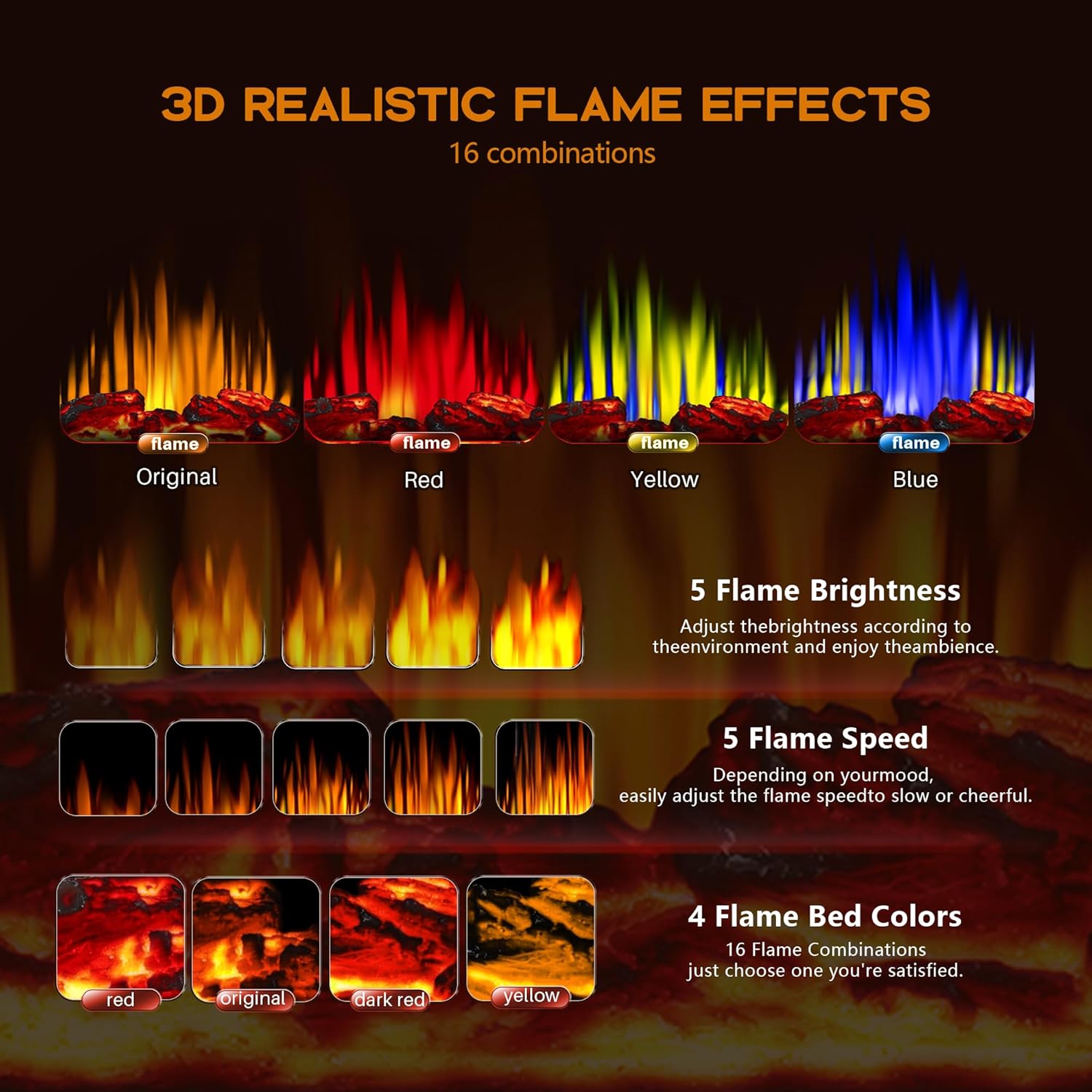 Kismile Estufa eléctrica infrarroja 3D, calentador de chimenea independiente con efectos de llama realistas, calentador de espacio portátil para