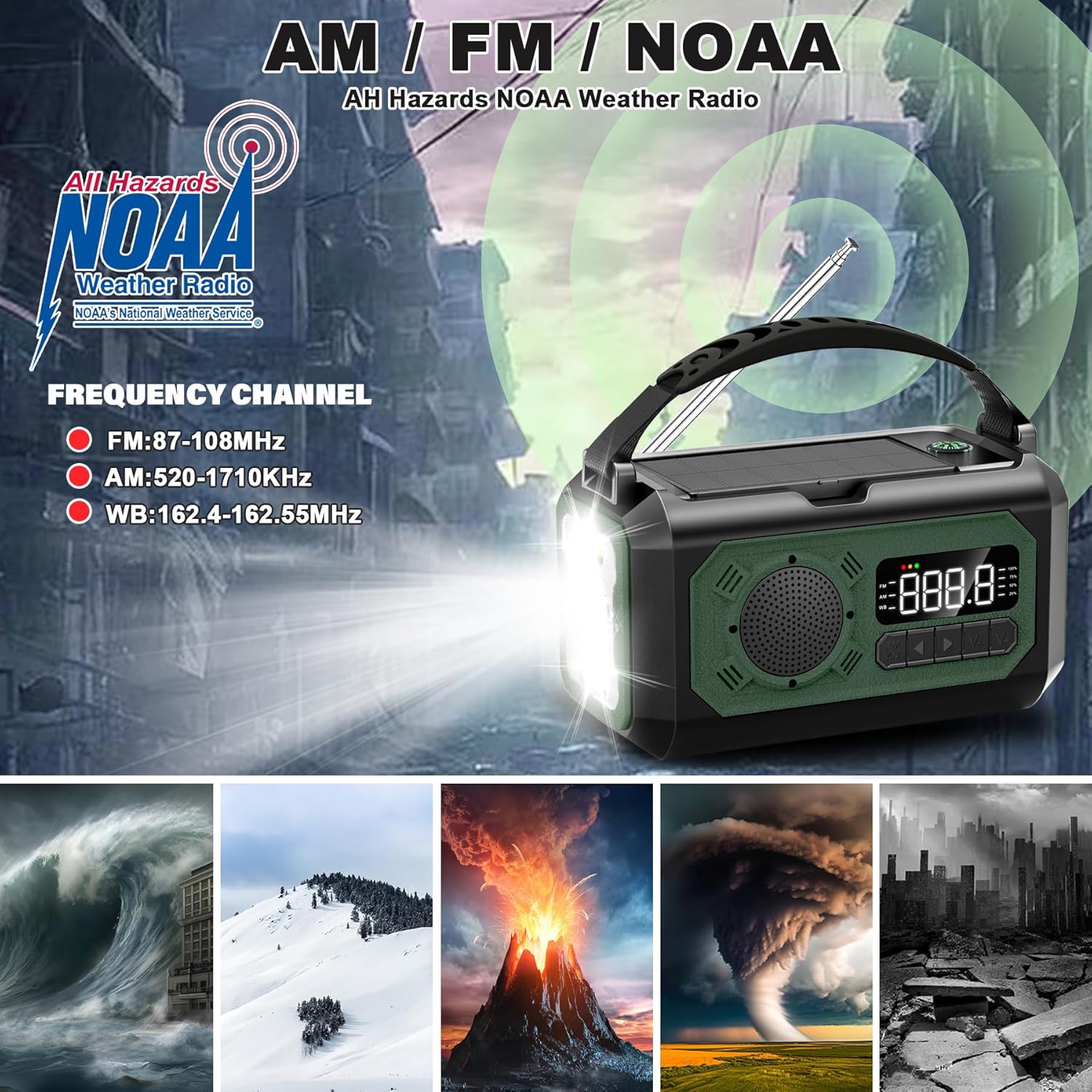 Radio meteorológica de emergencia de 12000 mAh, radio de manivela, radio AMFMNOAA portátil con 2 paneles solares, radio solar multifunción con