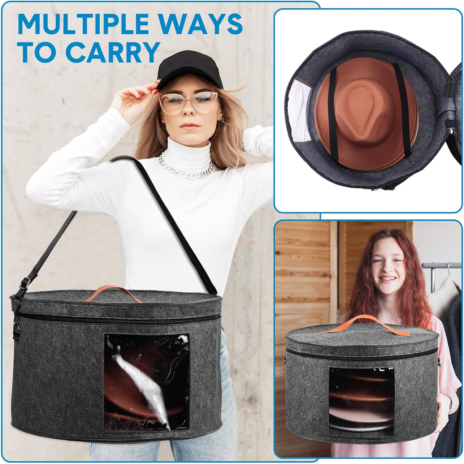 Suzile Paquete de 4 cajas grandes y redondas plegables de fieltro para mujeres, 17 x 10 pulgadas, caja de almacenamiento para sombreros de vaquero