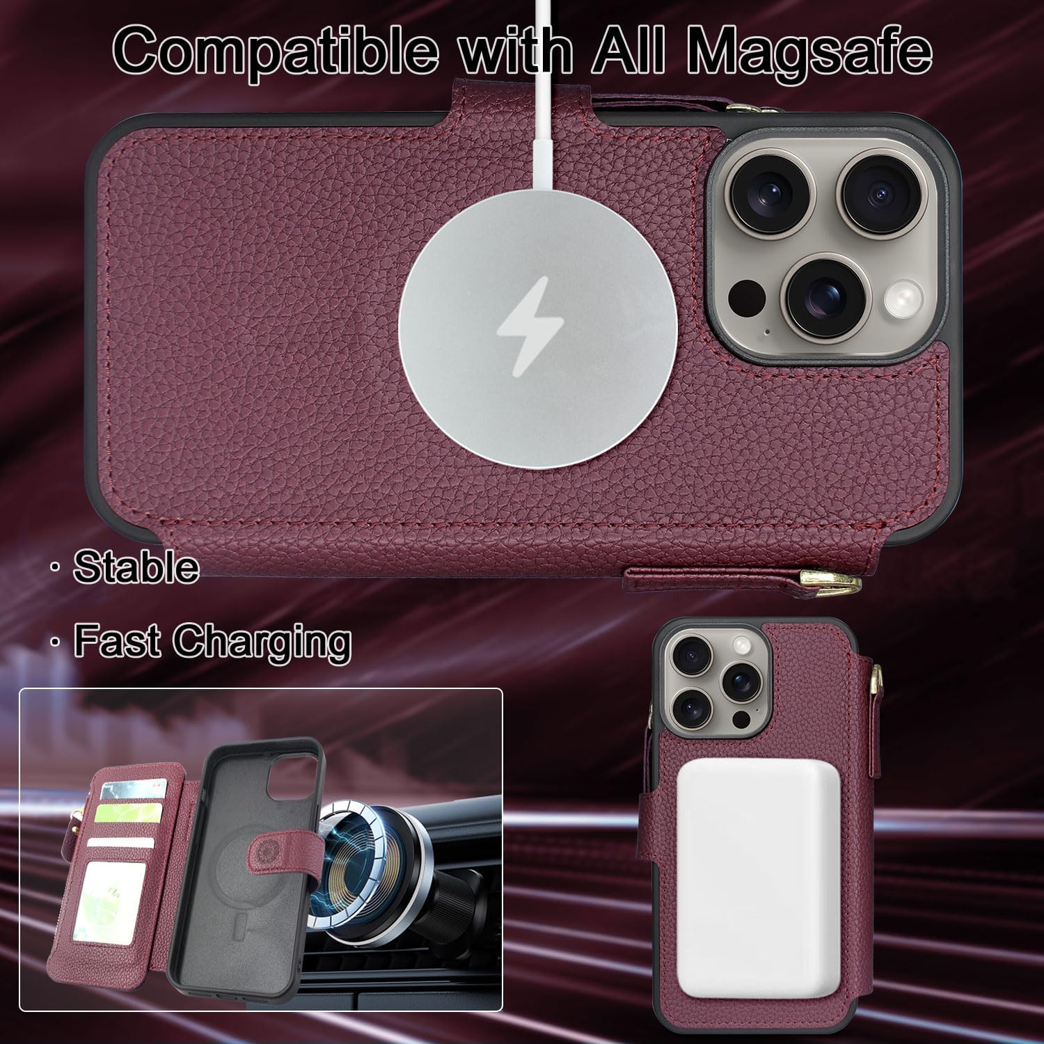 Harryshell Funda compatible con iPhone 15 Pro, con carga inalámbrica MagSafe con 3 ranuras para tarjetas, bolsillo con cremallera, bolsillo con