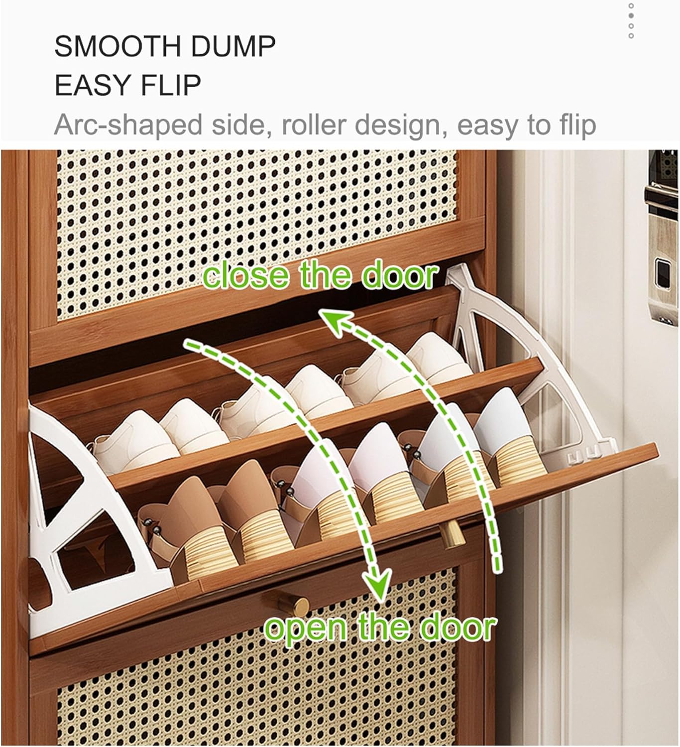 Organizador de almacenamiento moderno de ratán de plástico para entrada, zapatero de pie de bambú con puertas abatibles, tablero superior grande,