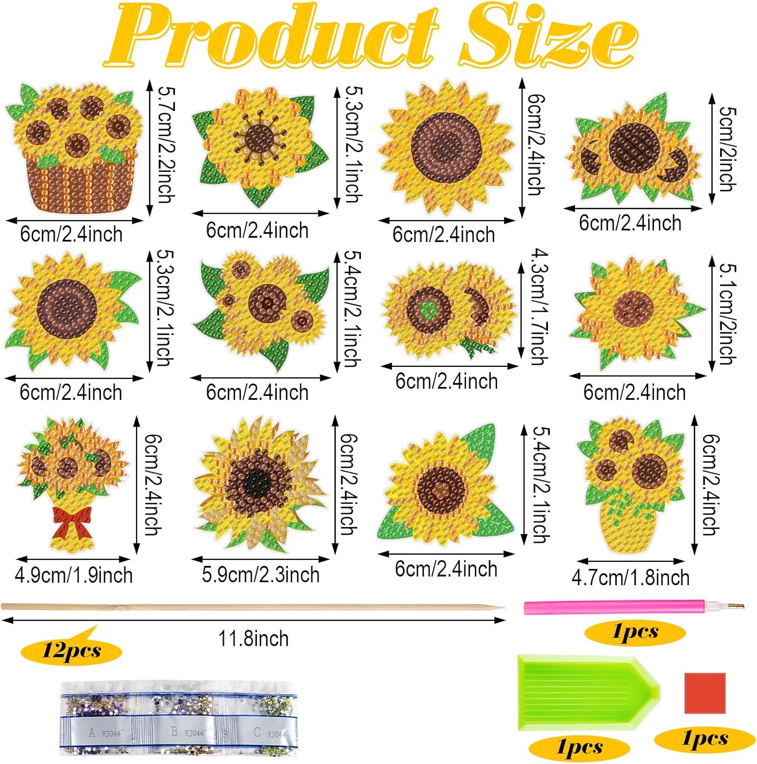 Huwena 12 piezas de pintura de diamante de girasol para decoración de jardín, estacas de pintura de diamante, flores, estacas de jardín, estacas de