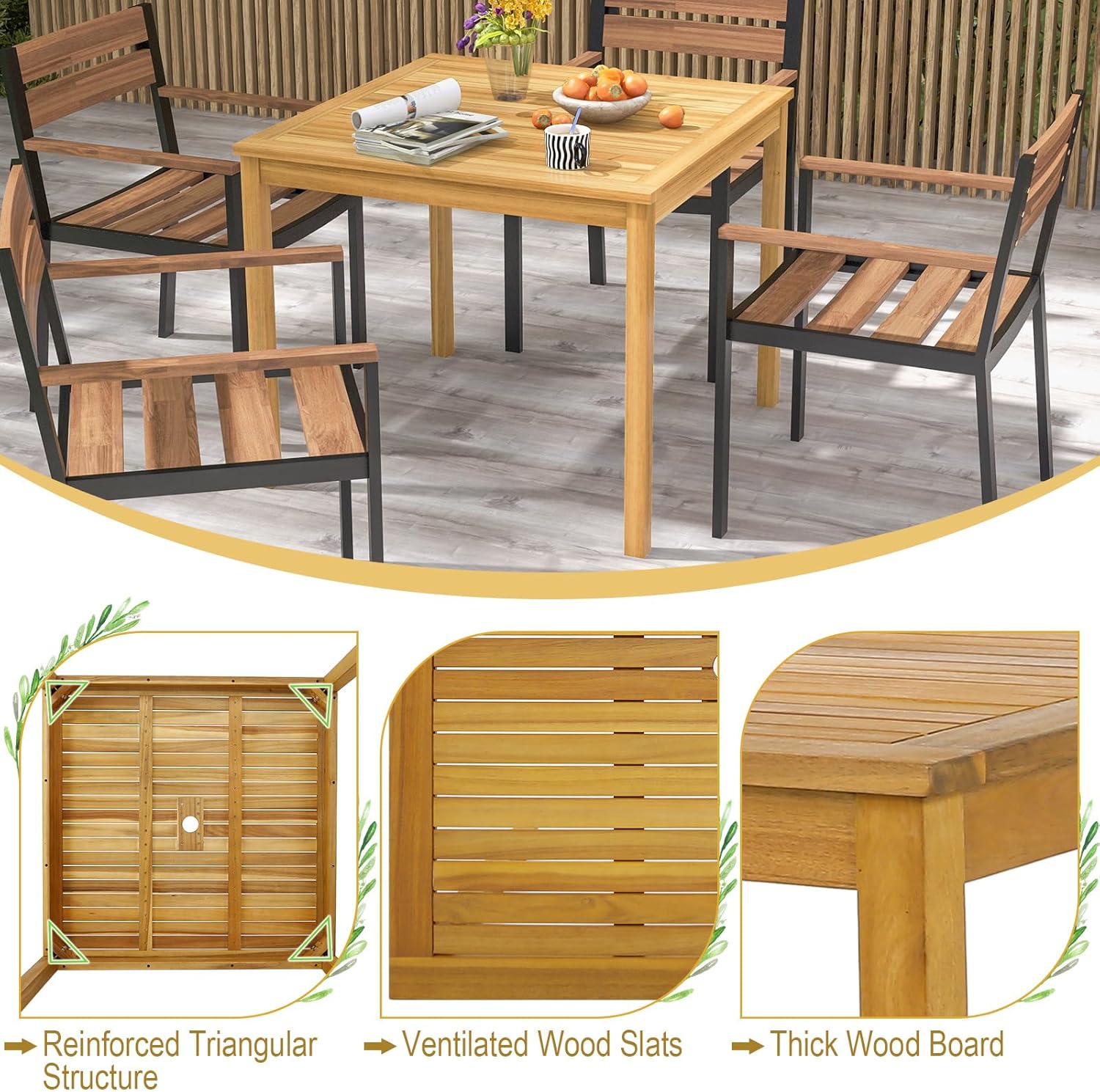 Tangkula Mesa de comedor cuadrada para exteriores, mesa de comedor de madera de acacia para 4 personas con agujero para sombrilla de 1.9 pulgadas,