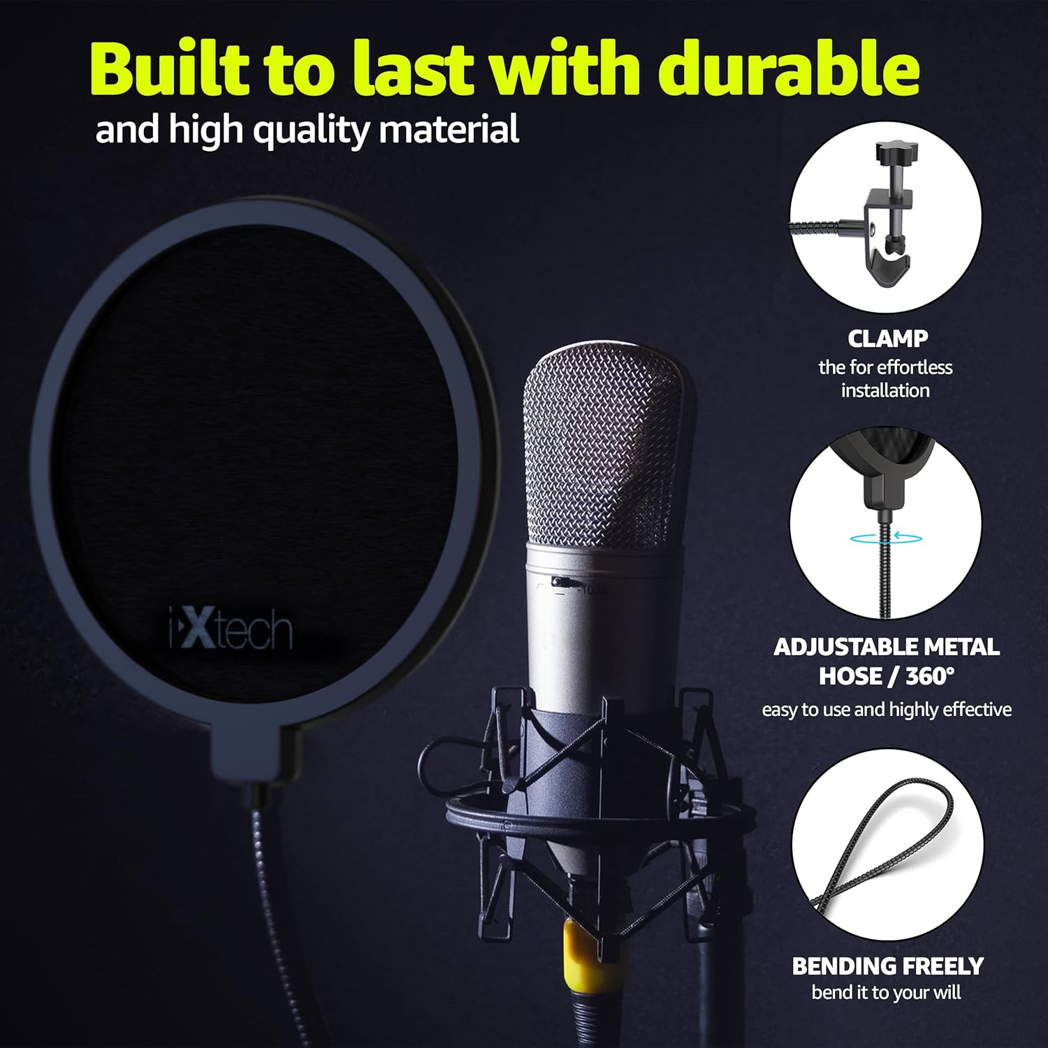 Ixtech Filtro pop para micrófono, filtro pop Blue Yeti, pantalla de doble capa con un clip flexible de cuello de cisne de 360 grados con
